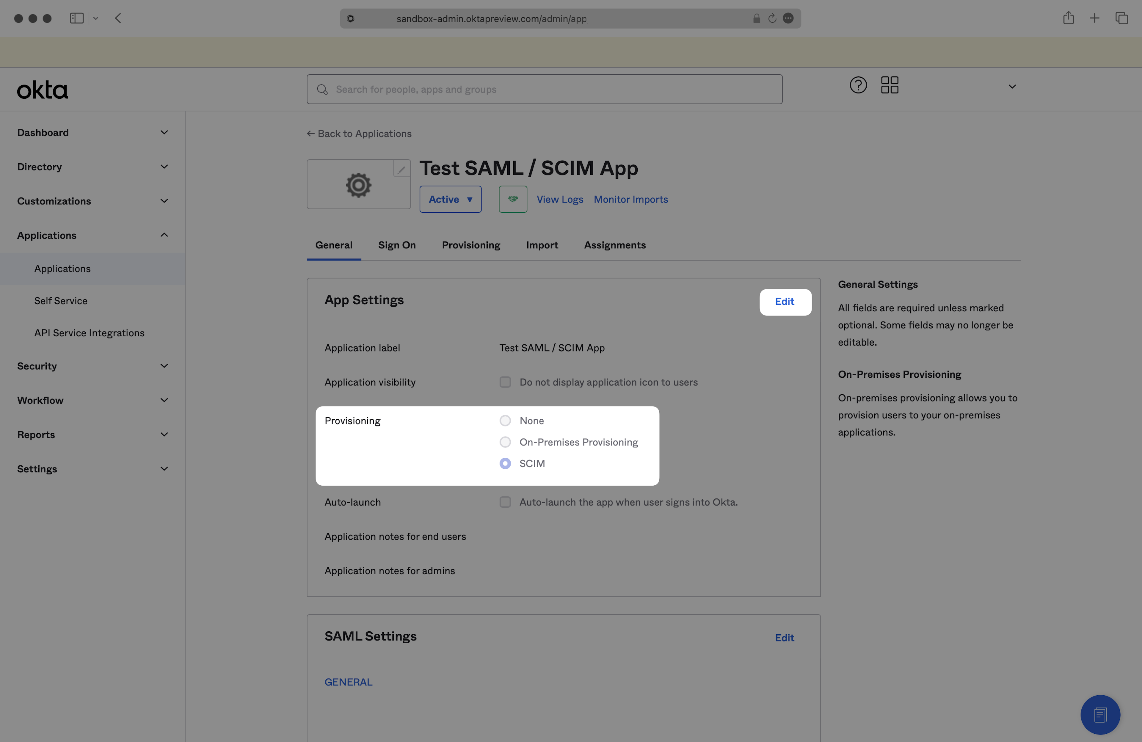 A screenshot showing where to enable SCIM provisioning for an existing SAML app in the Okta dashboard.