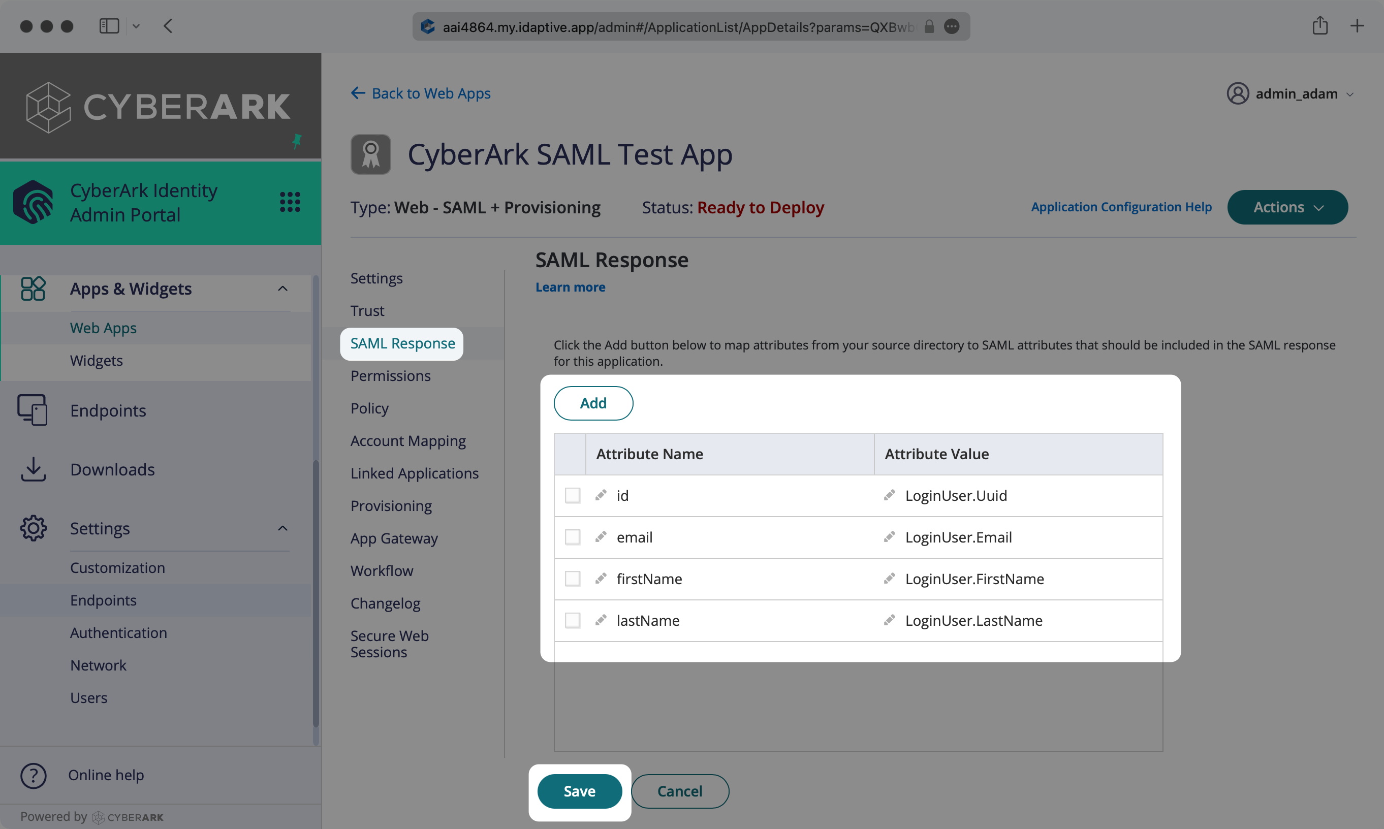 A screenshot showing the "SAML Response" tab successfully configured in the CyberArk dashboard.