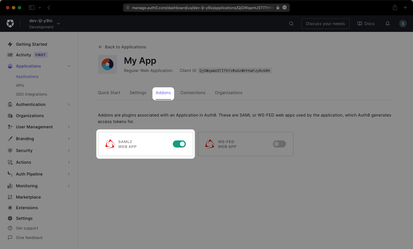 A screenshot showing a toggle to turn on the SAML2 web app addon for Auth0 applications.
