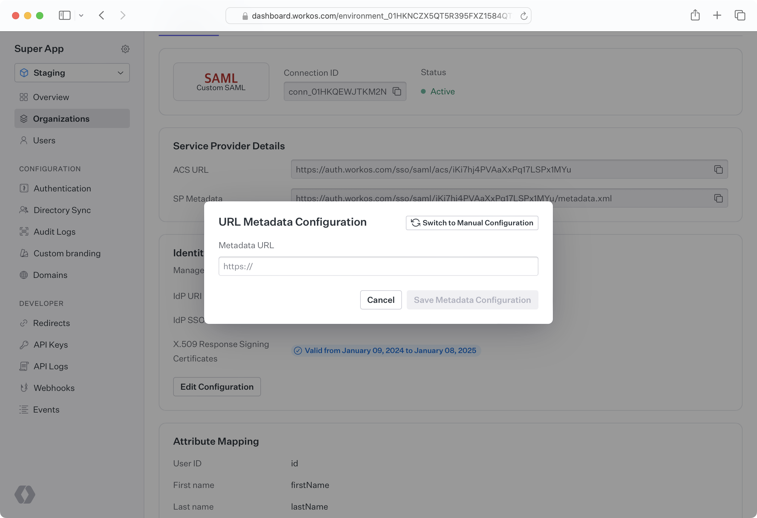 WorkOS Dashboard UI configuring a connection's metadata URL