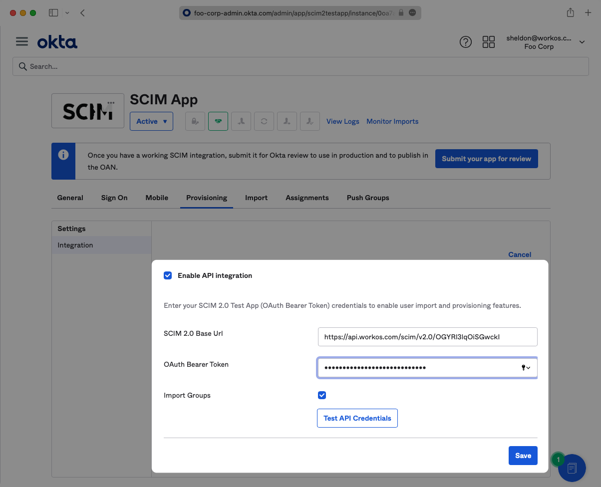 Input Provisioning Credentials in Okta SCIM App