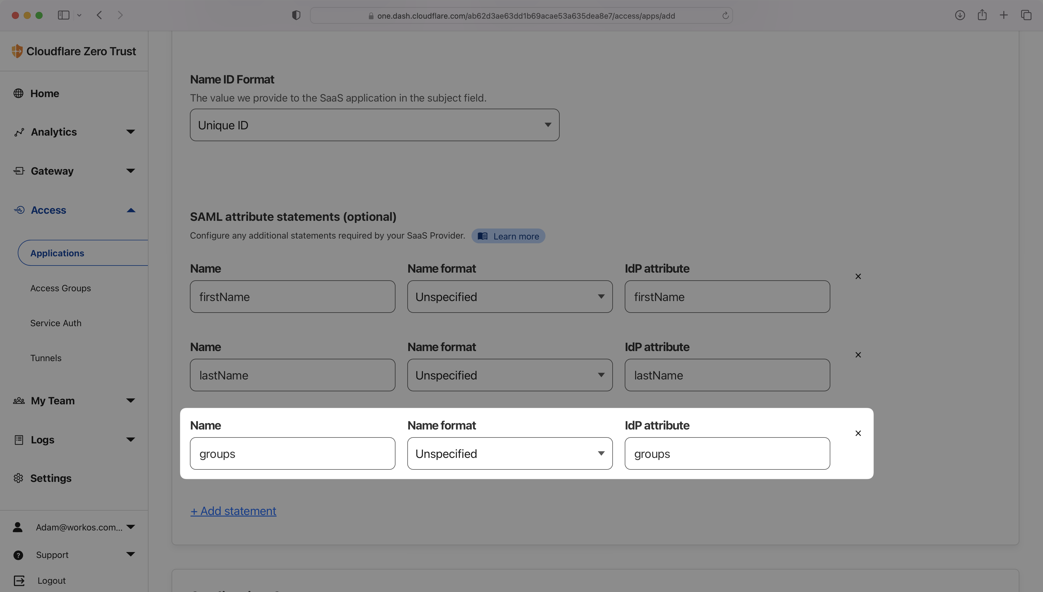 A screenshot showing how to configure a groups attribute in Cloudflare.