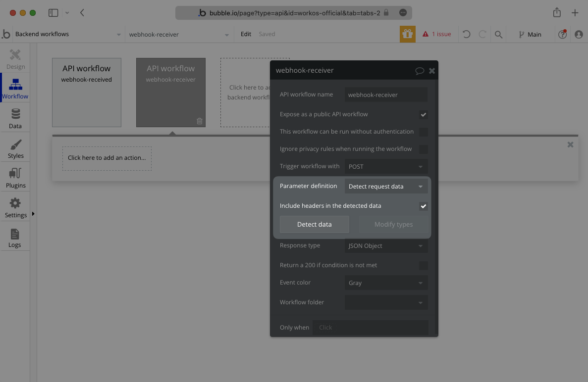 A screenshot showing how to configure a backend workflow to detect data in Bubble.