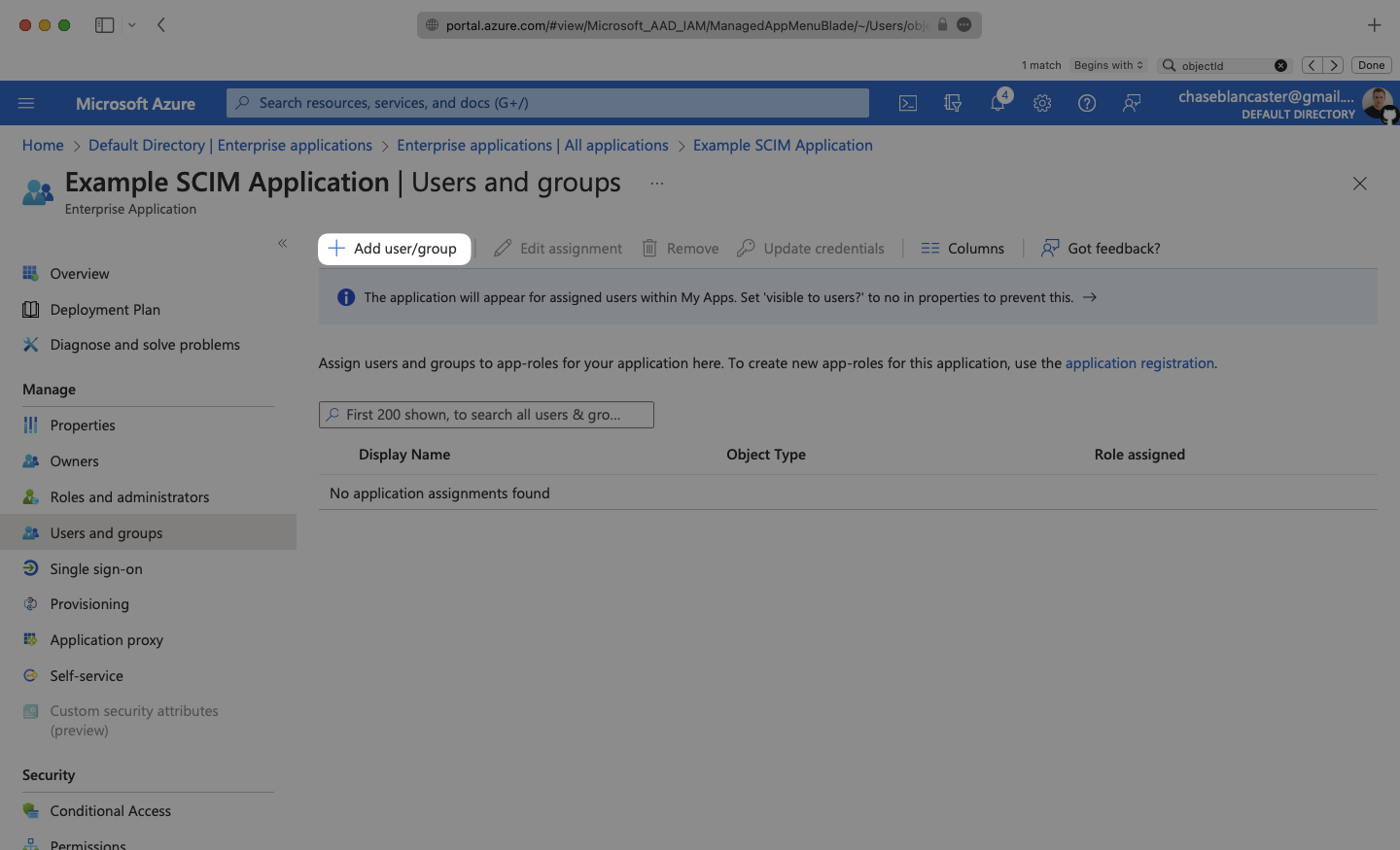 A screenshot showing where to select "Add user/group" in the Users and groups menu in Azure.