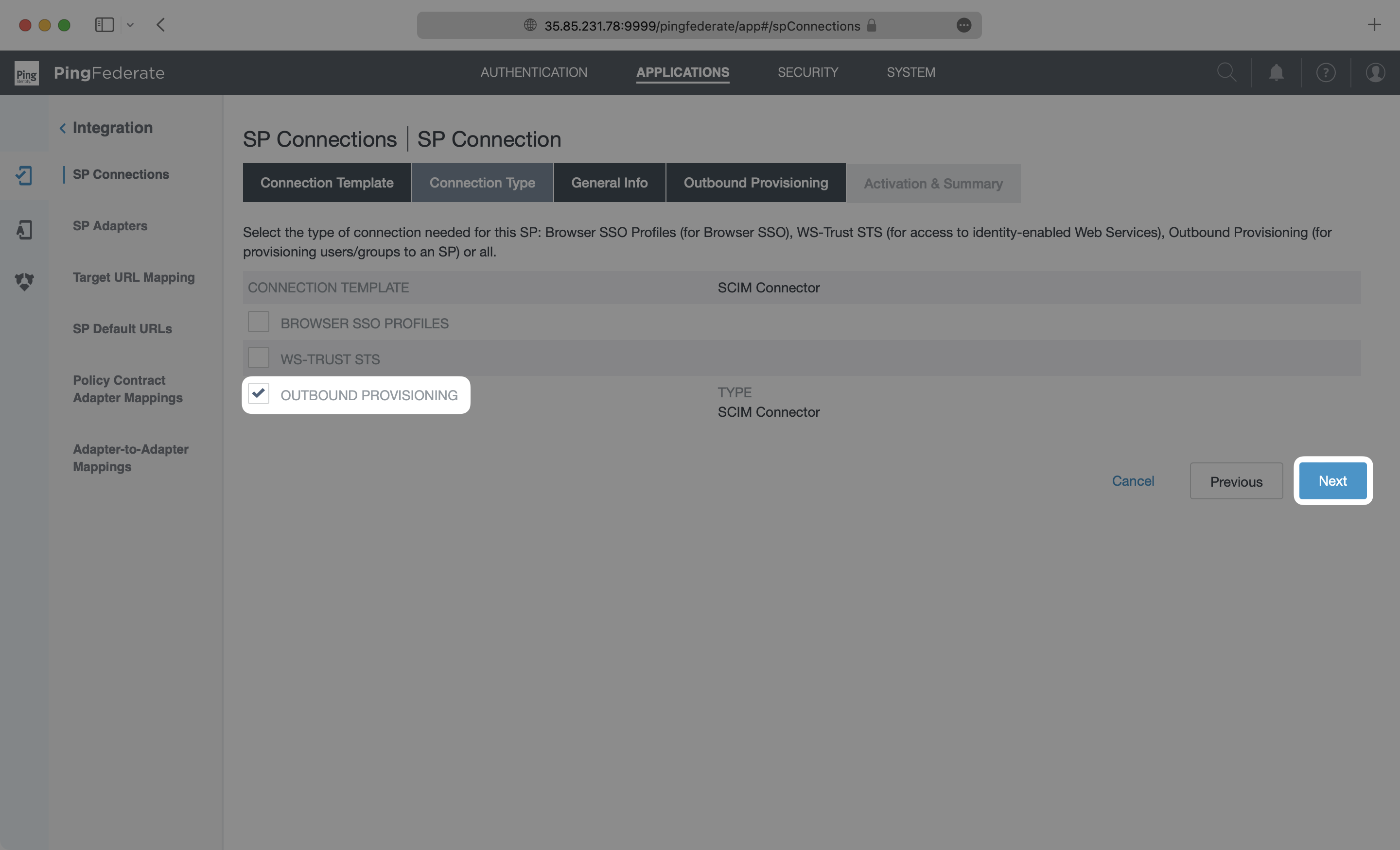 A screenshot showing where to configure outbound provisioning in PingFederate.