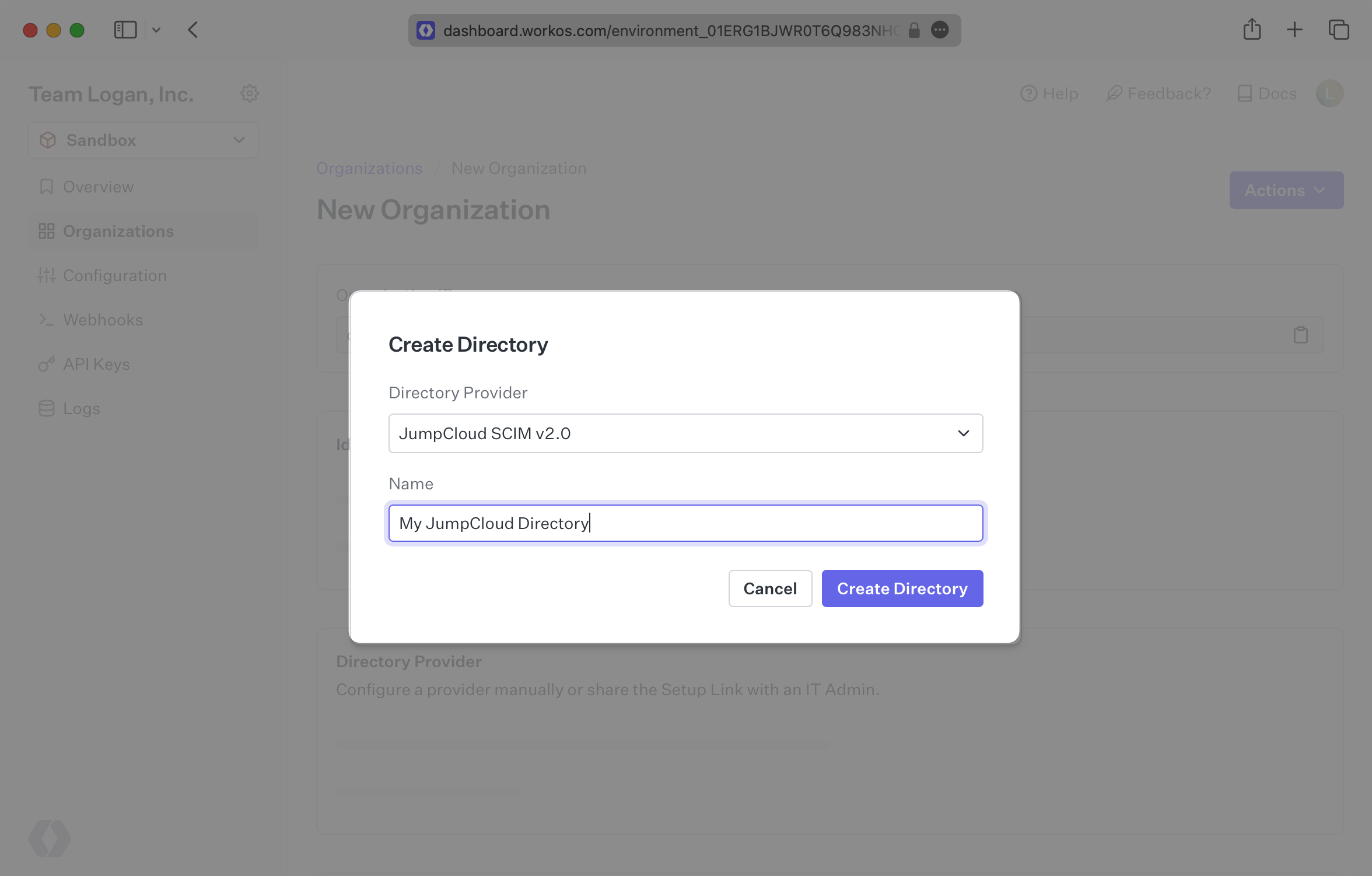 A screenshot highlighting the "Create Directory" modal for creating a JumpCloud directory in the WorkOS Dashboard.