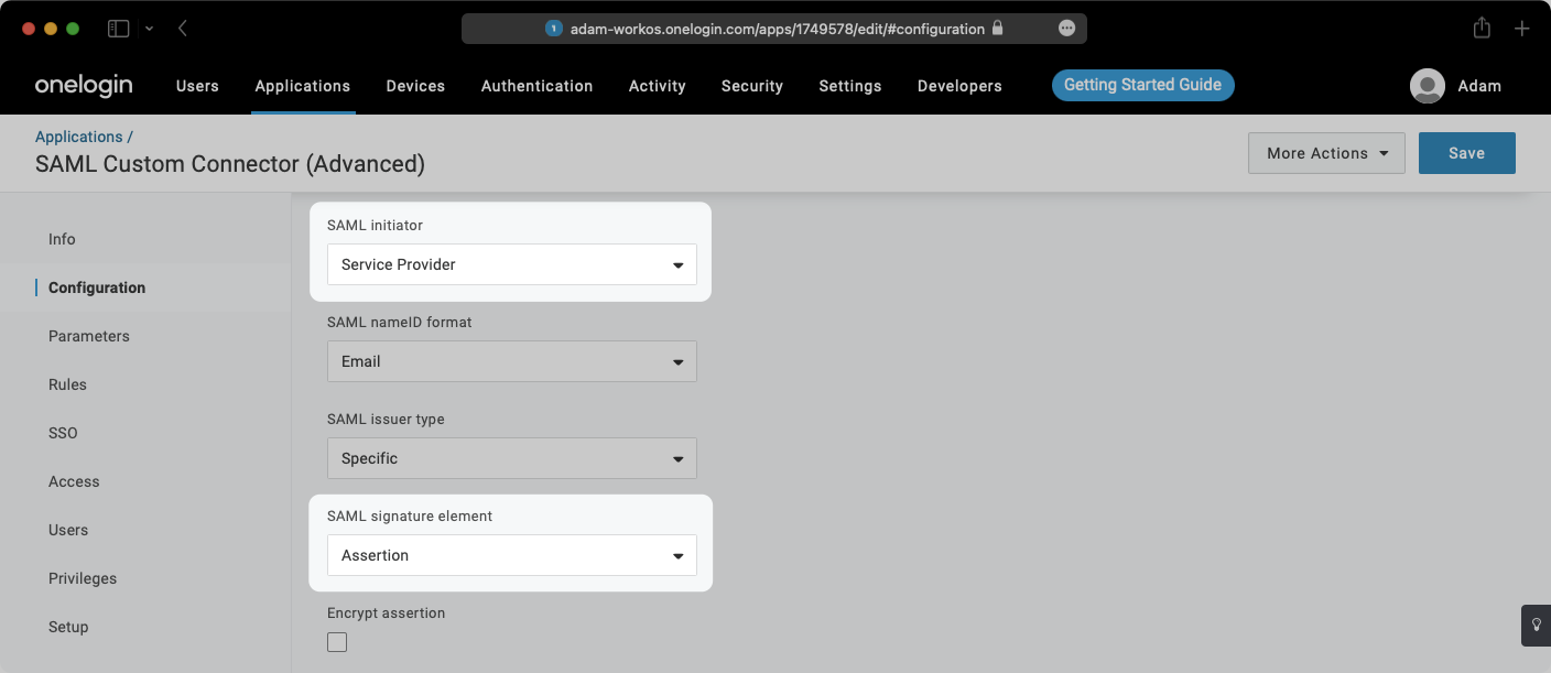 A screenshot showing SAML Configuration in the SAML Application within the OneLogin Dashboard.