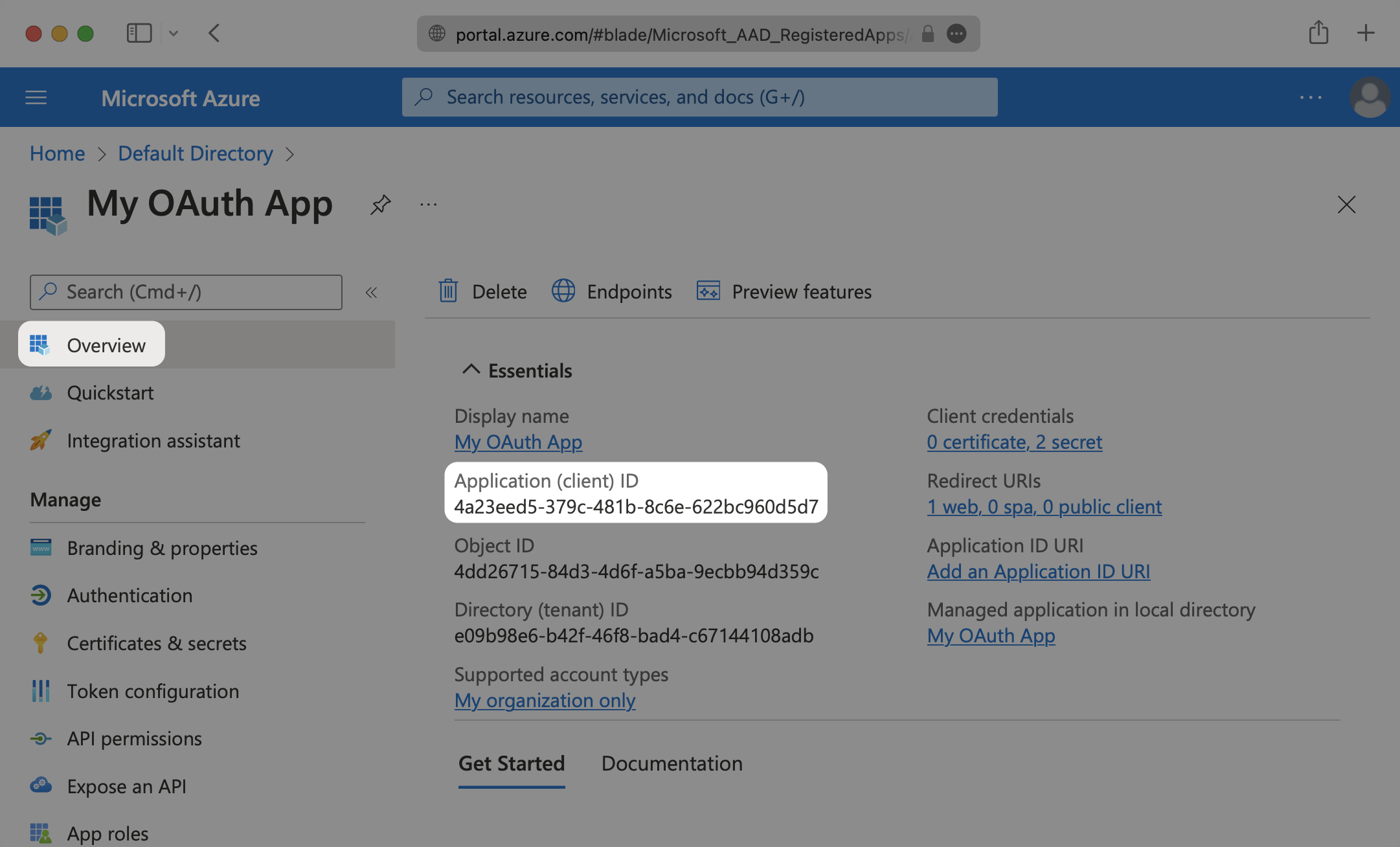 A screenshot showing where to copy the Azure AD Client ID.