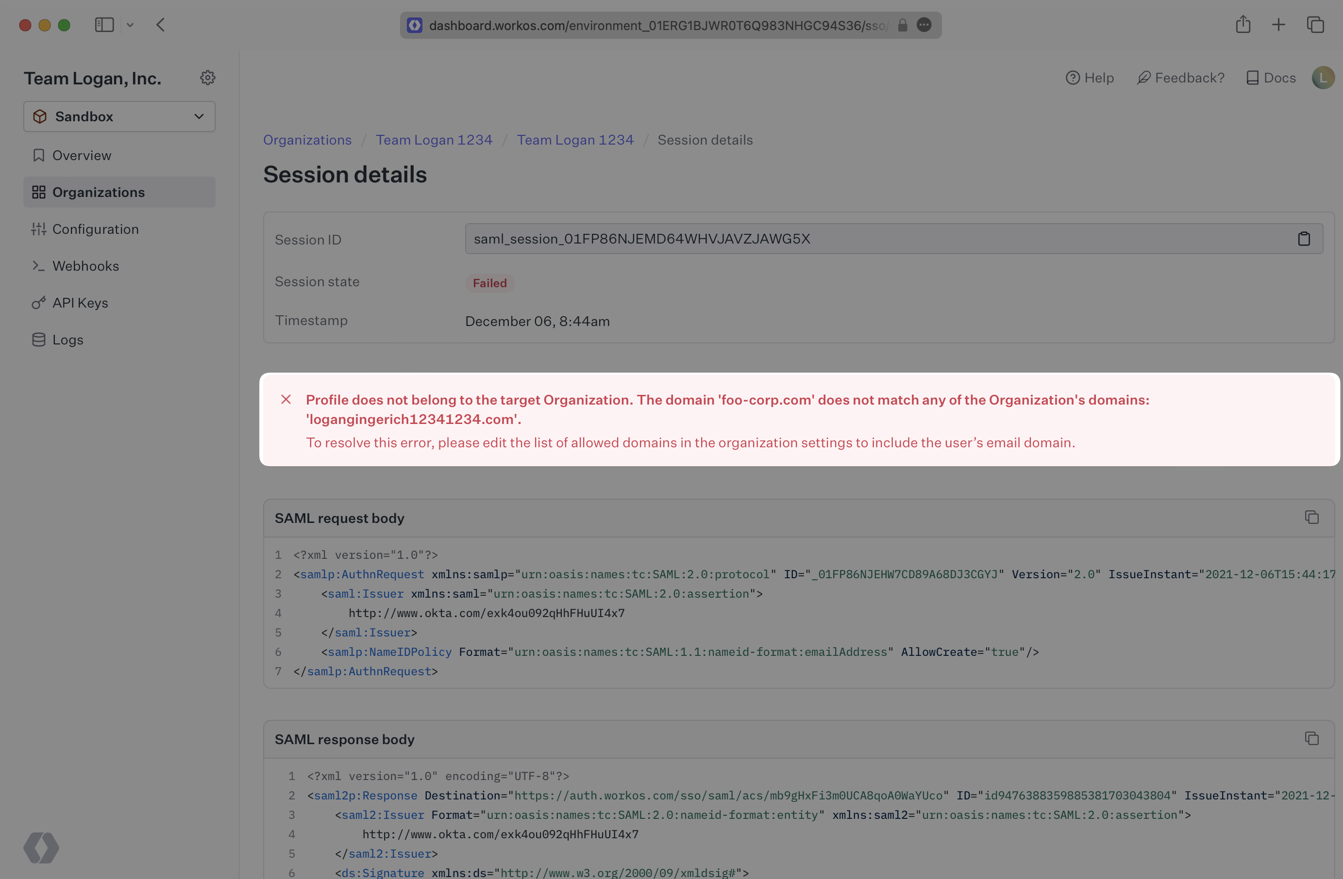 A screenshot showing an error in the SAML Session Details in the WorkOS Dashboard.