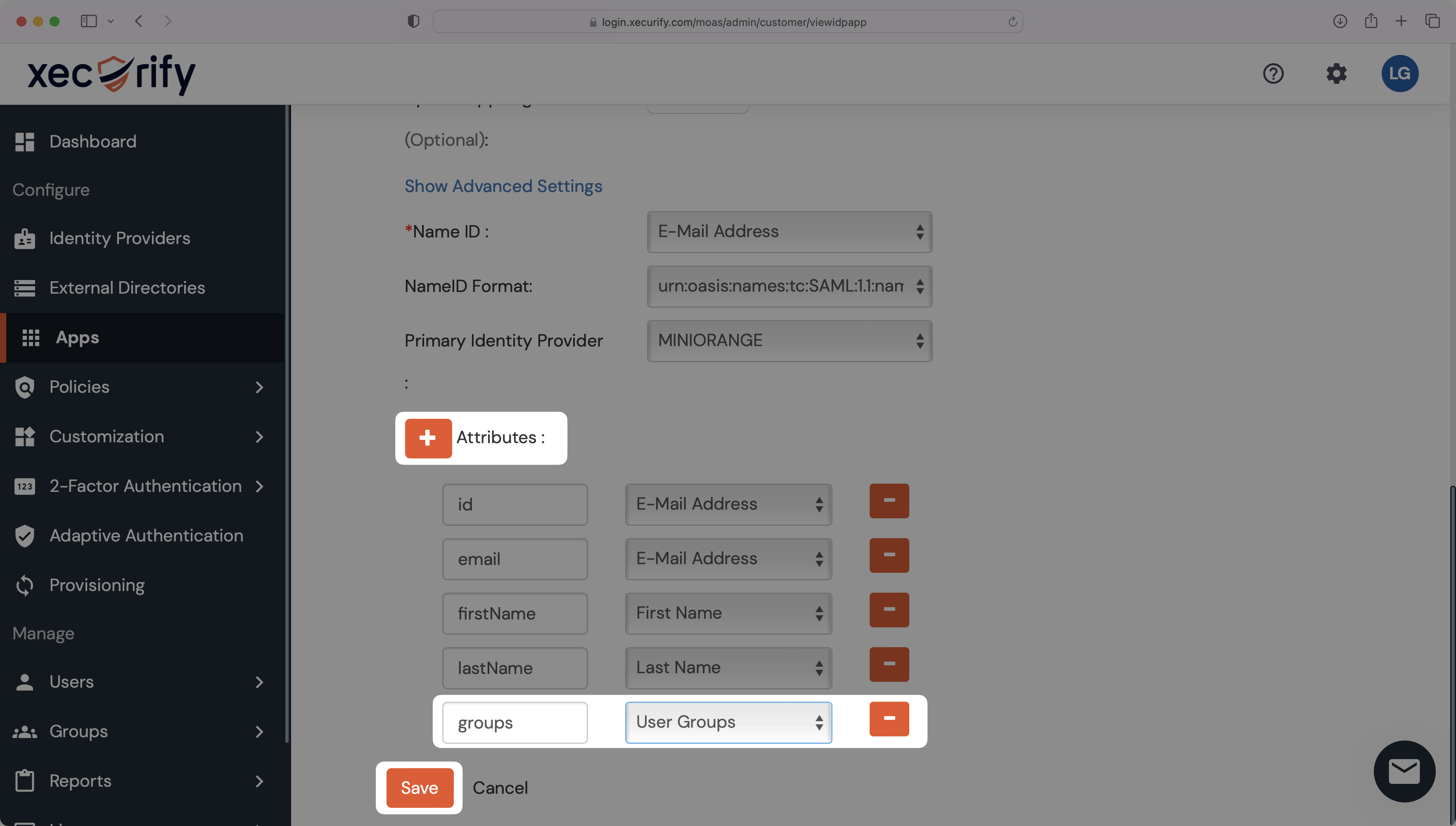 A screenshot showing how to add a groups attribute in the miniOrange dashboard.