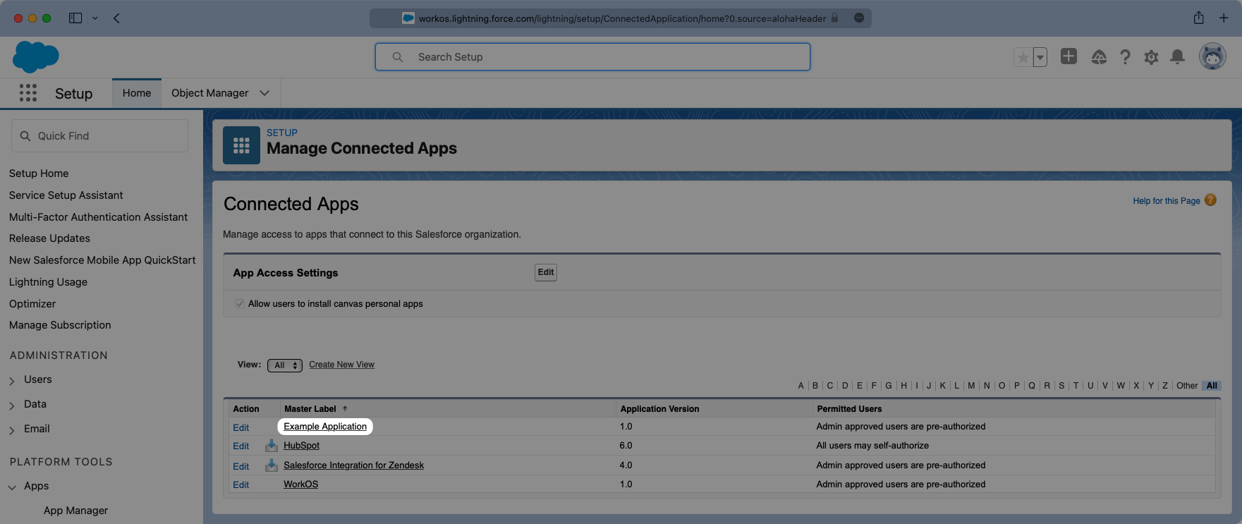 A screenshot showing how to open the configurations for the new Connected App in the Salesforce dashboard.