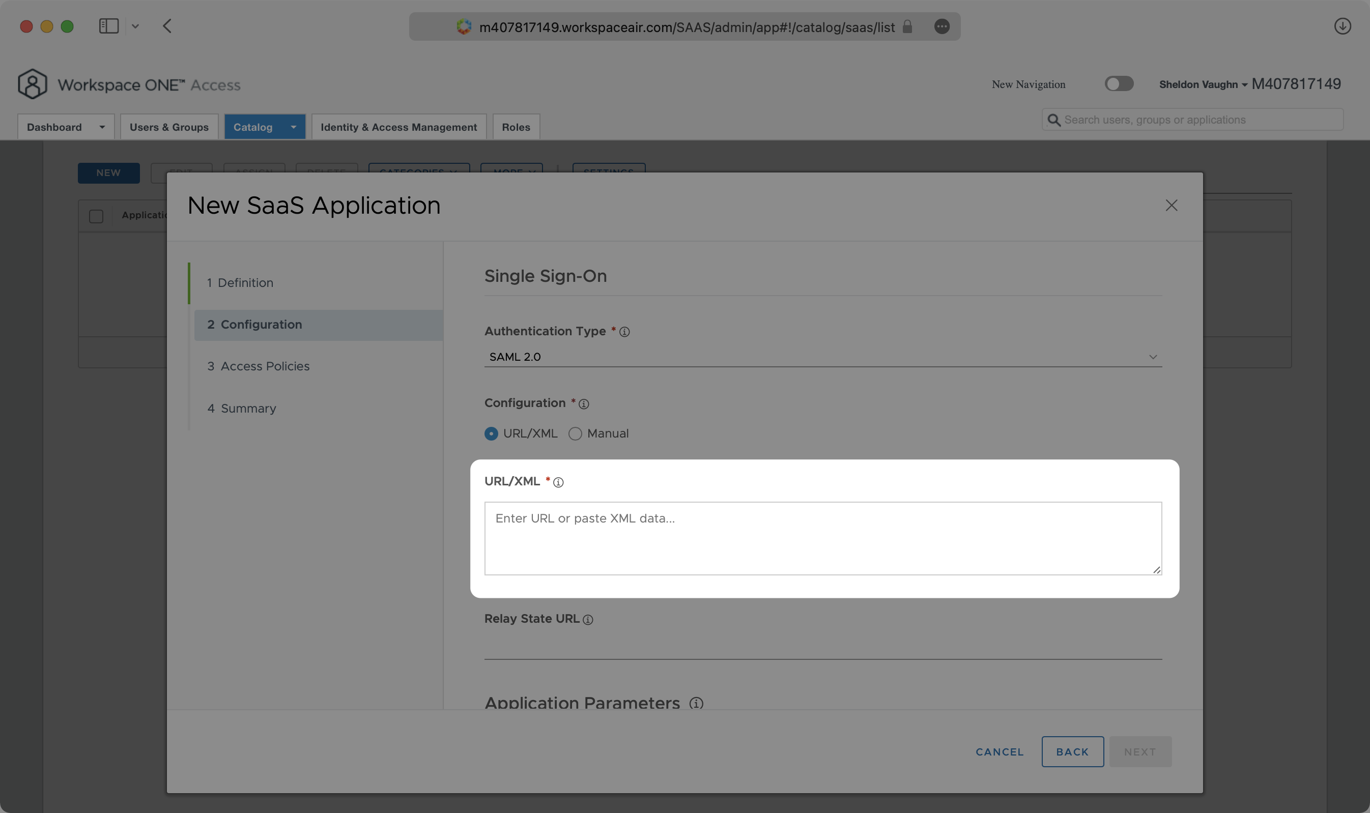 A screenshot showing where to input WorkOS SP metadata when configuring VMWare application.