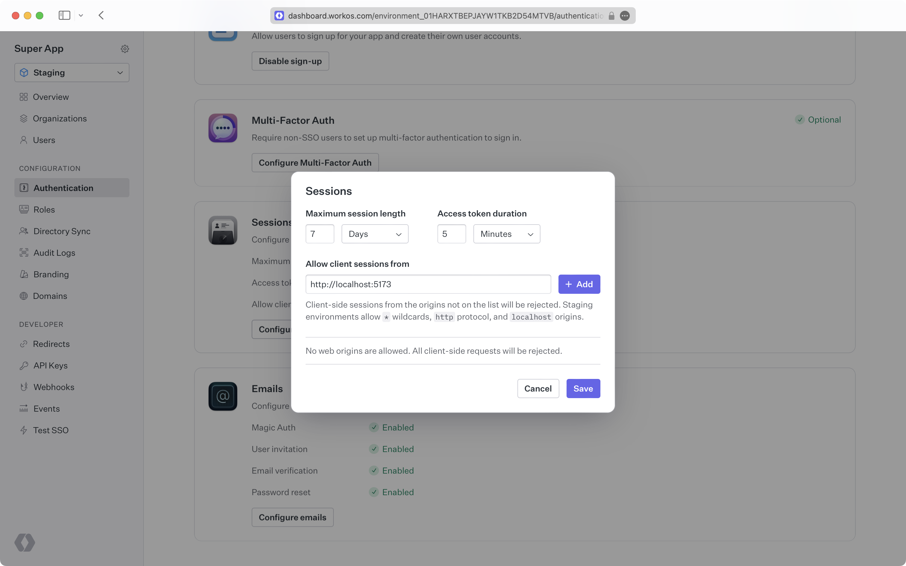 Screenshot of the WorkOS dashboard showing the Session configuration panel.