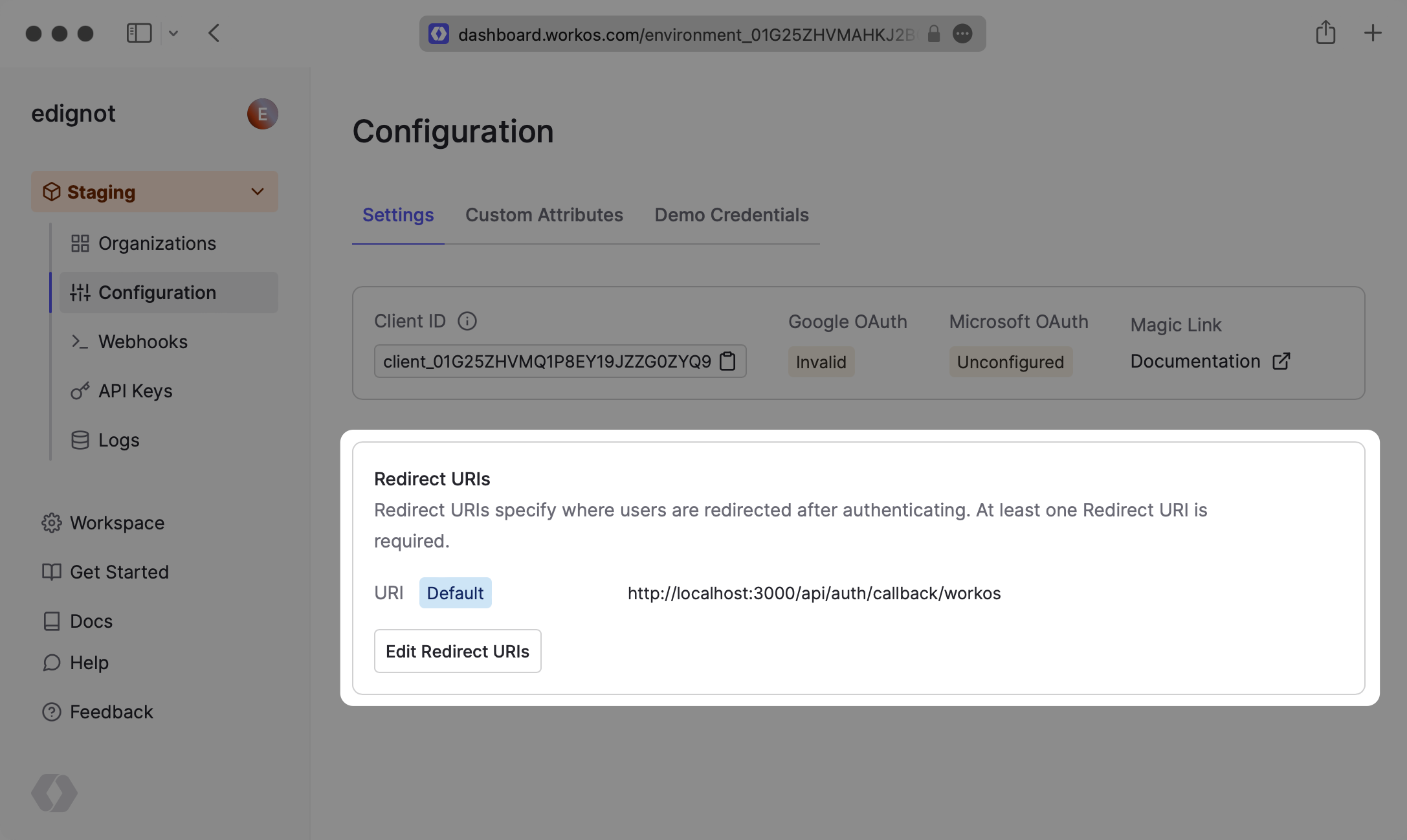 A screenshot highliting the redirect URIs in the "Configuration" tab in the WorkOS dashboard.
