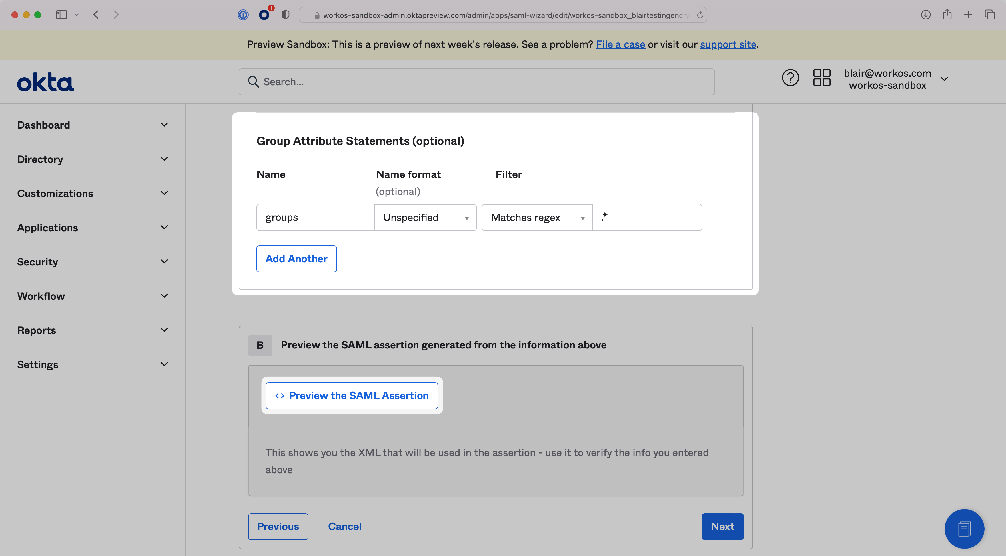 A screenshot showing the "Groups Attribute Statement" configuration in the Okta Dashboard.