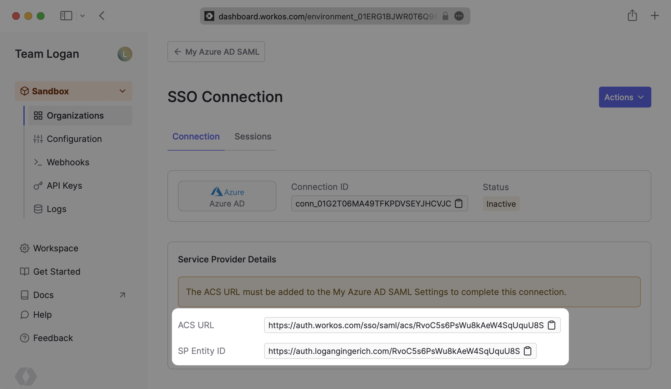 A screenshot showing the ACS URL and Entity ID in the WorkOS dashboard.