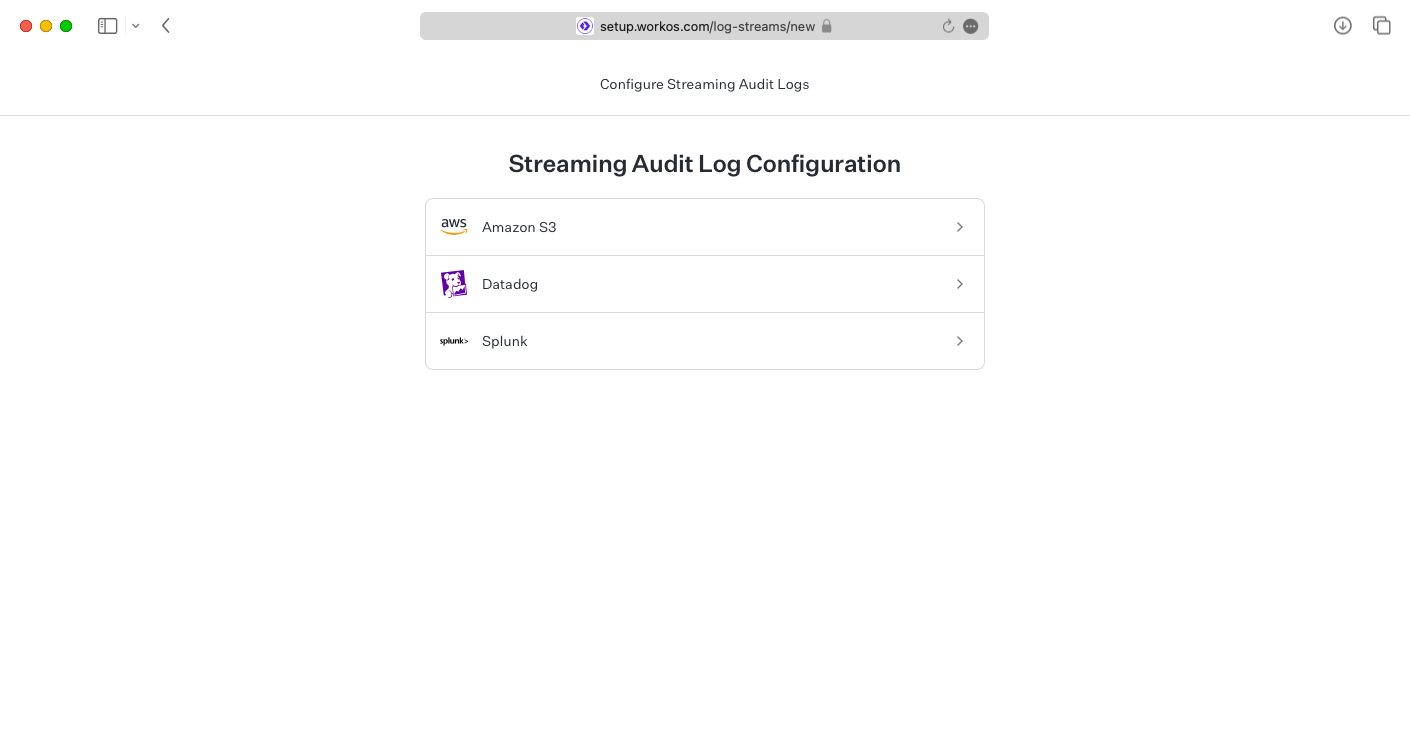 A screenshot showing log stream destination options in the WorkOS Admin Portal.
