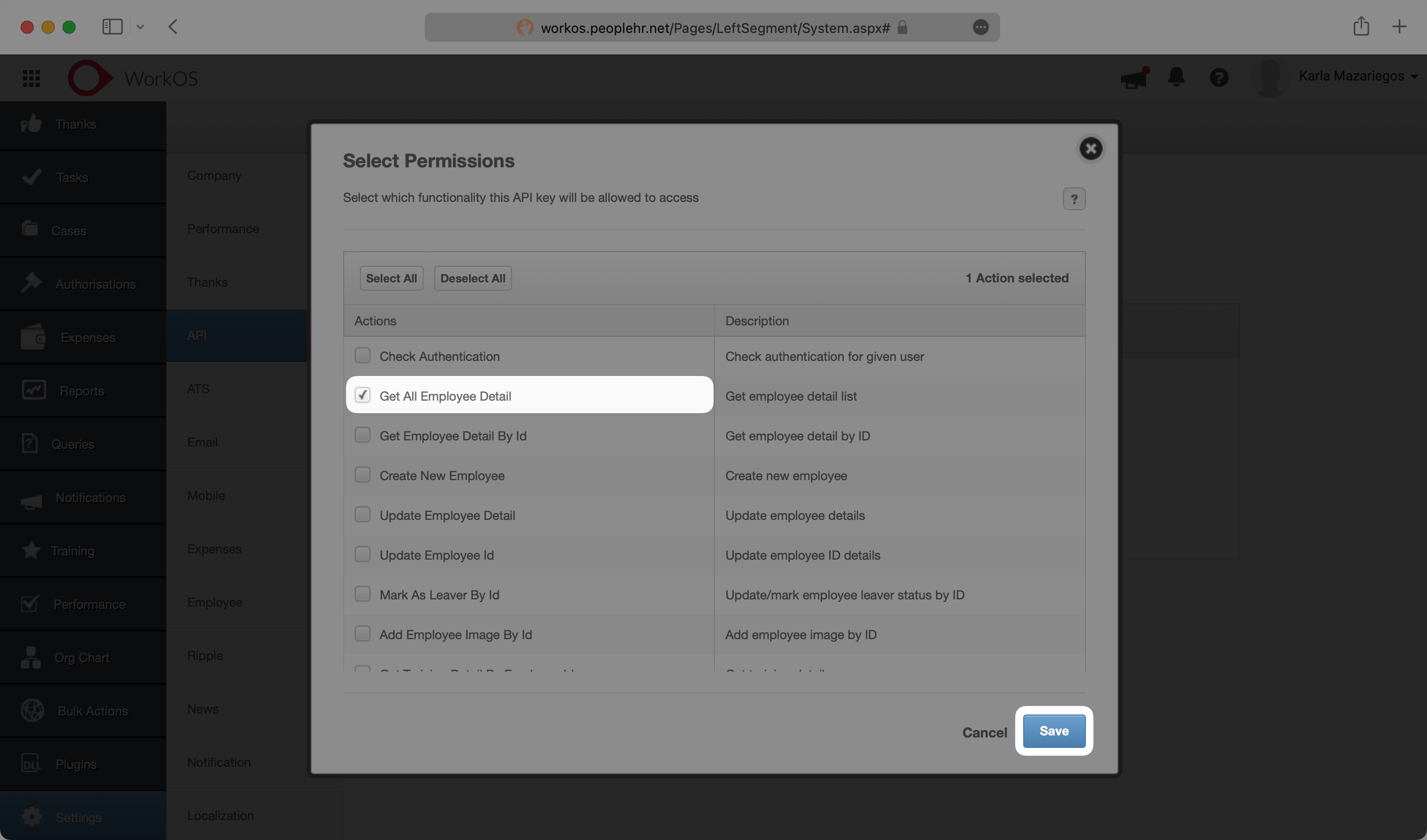 A screenshot showing where to select the "Get All Employee Detail" permission is located in the Access People HR Dashboard.