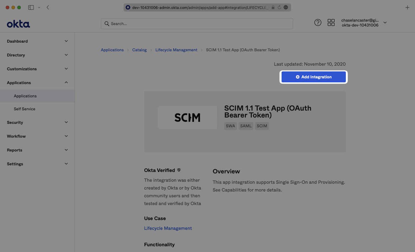 A screnshot showing where to click "Add Integration" in the SCIM 1.1 Test App (OAuth Bearer Token) overview page in Okta.