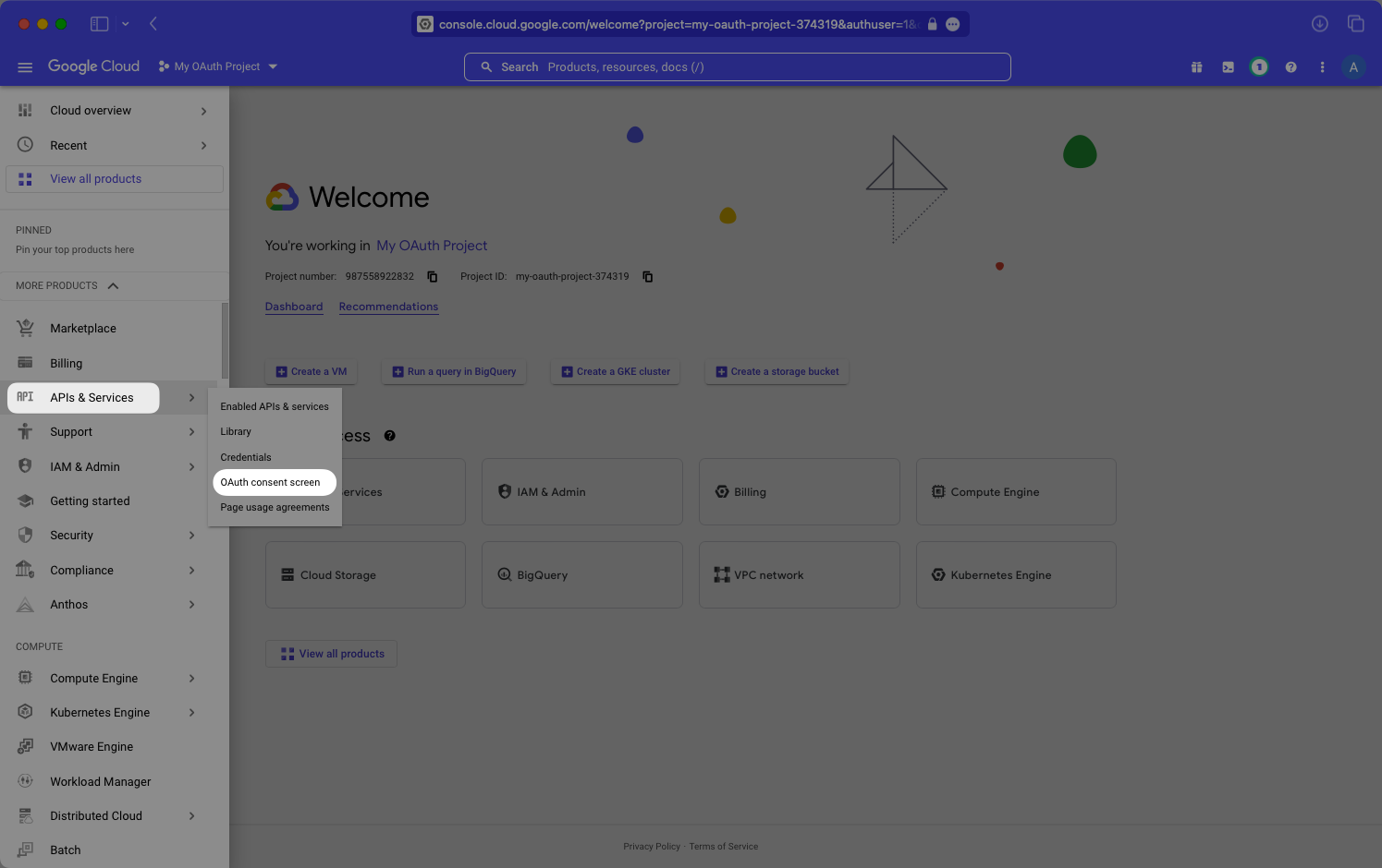 A screenshot showing where to find the "OAuth Consent Screen" option in the Google Cloud Platform Console Dashboard.