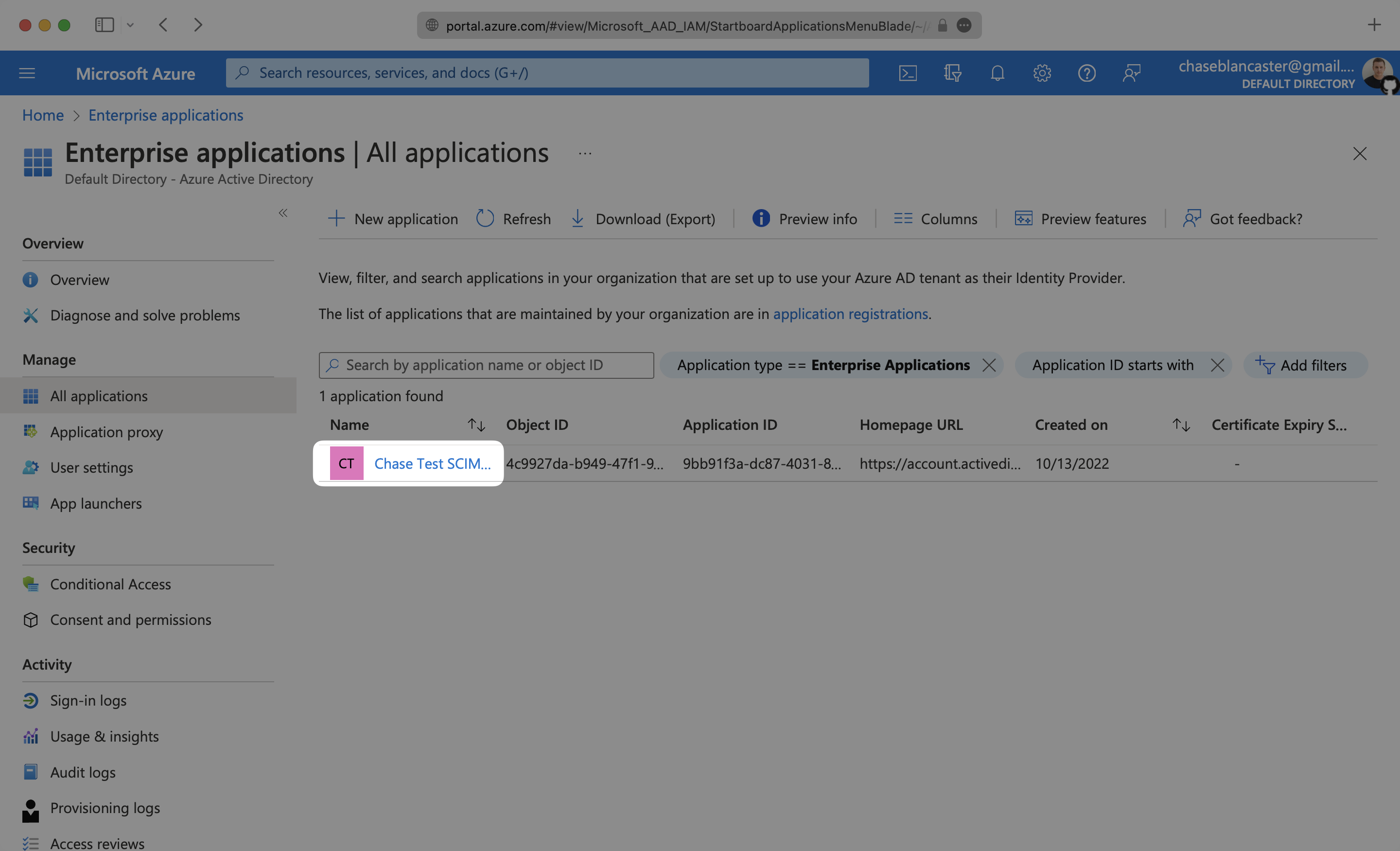A screenshot showing where to select the application of choice in the All Applications menu in Azure.