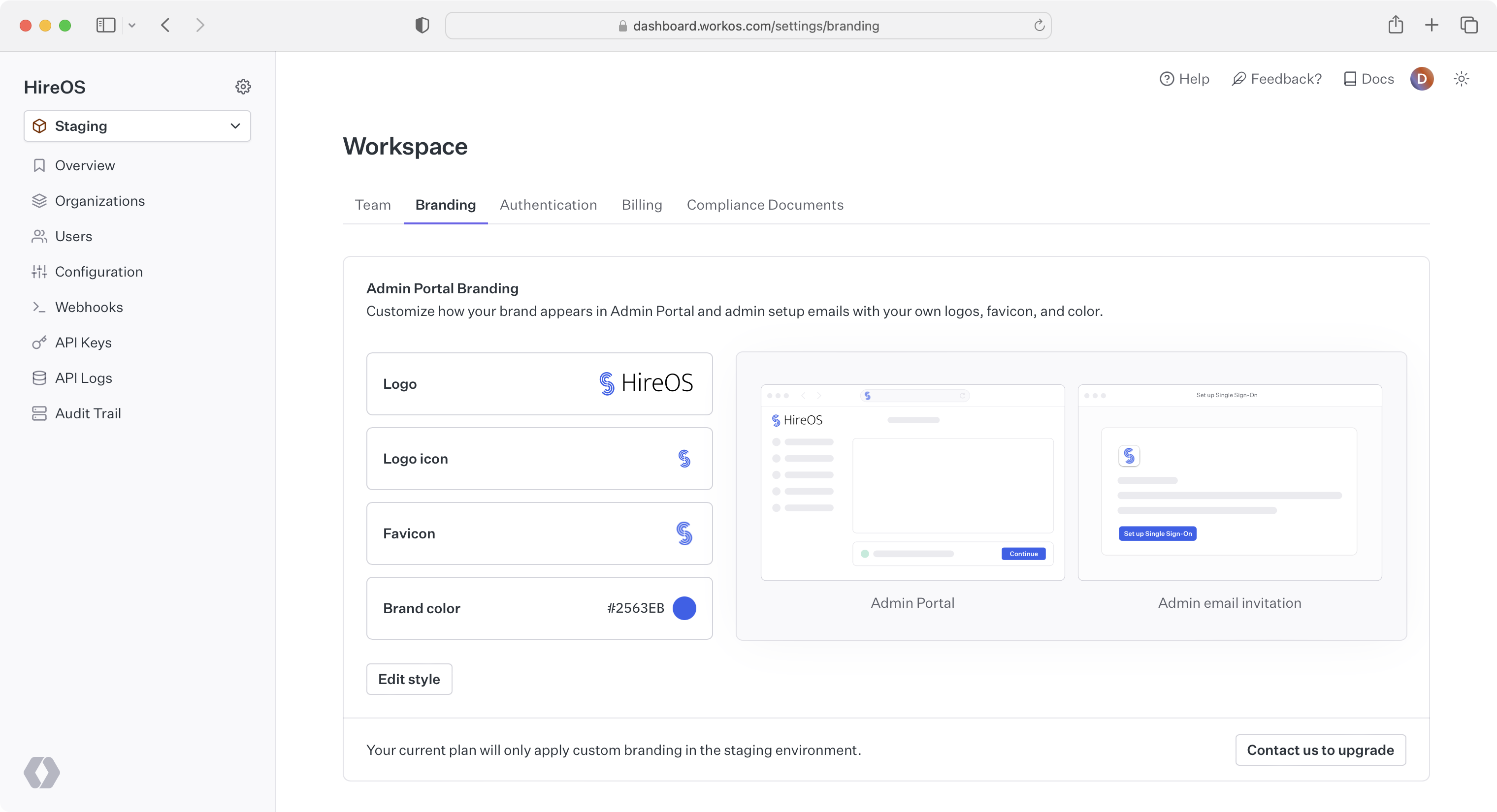 A screenshot showing the WorkOS Dashboard branding settings page.