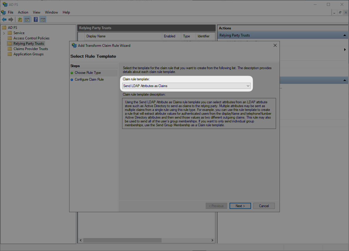 A screenshot showing where to select a rule template in the Transform Claim Rule Wizard.