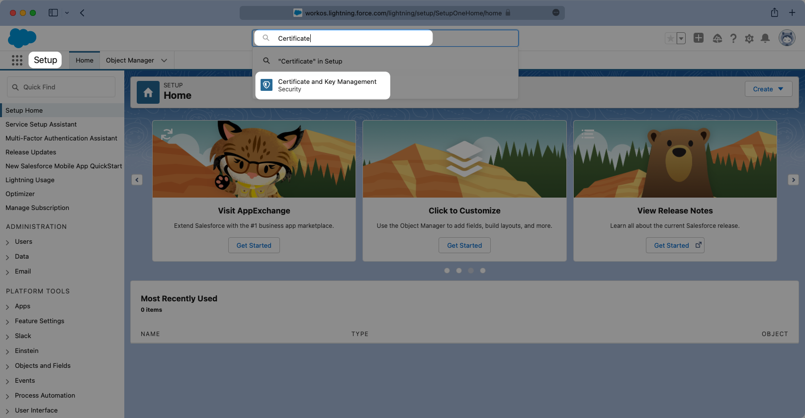 A screenshot showing how to navigate to the "Certificate and Key Management" page in the Salesforce dashboard.