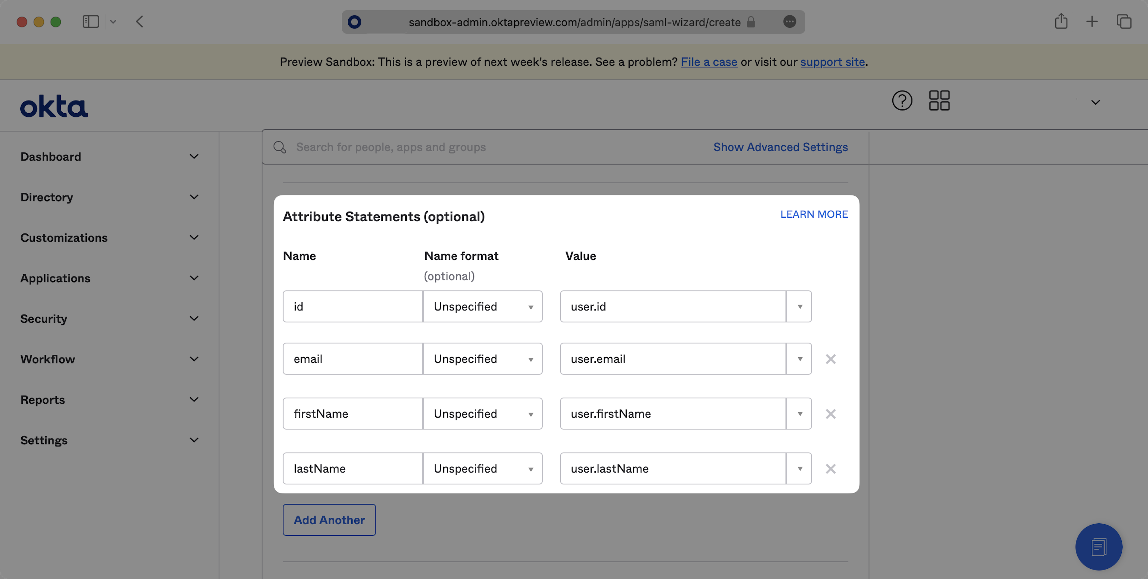 A screenshot showing the configuration of the 'Attribute Statements' in the Okta dashboard.