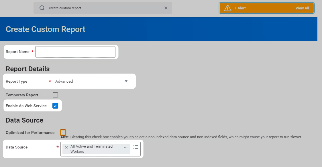 A screenshot showing the "Create Custom Report" page in the Workday Dashboard.