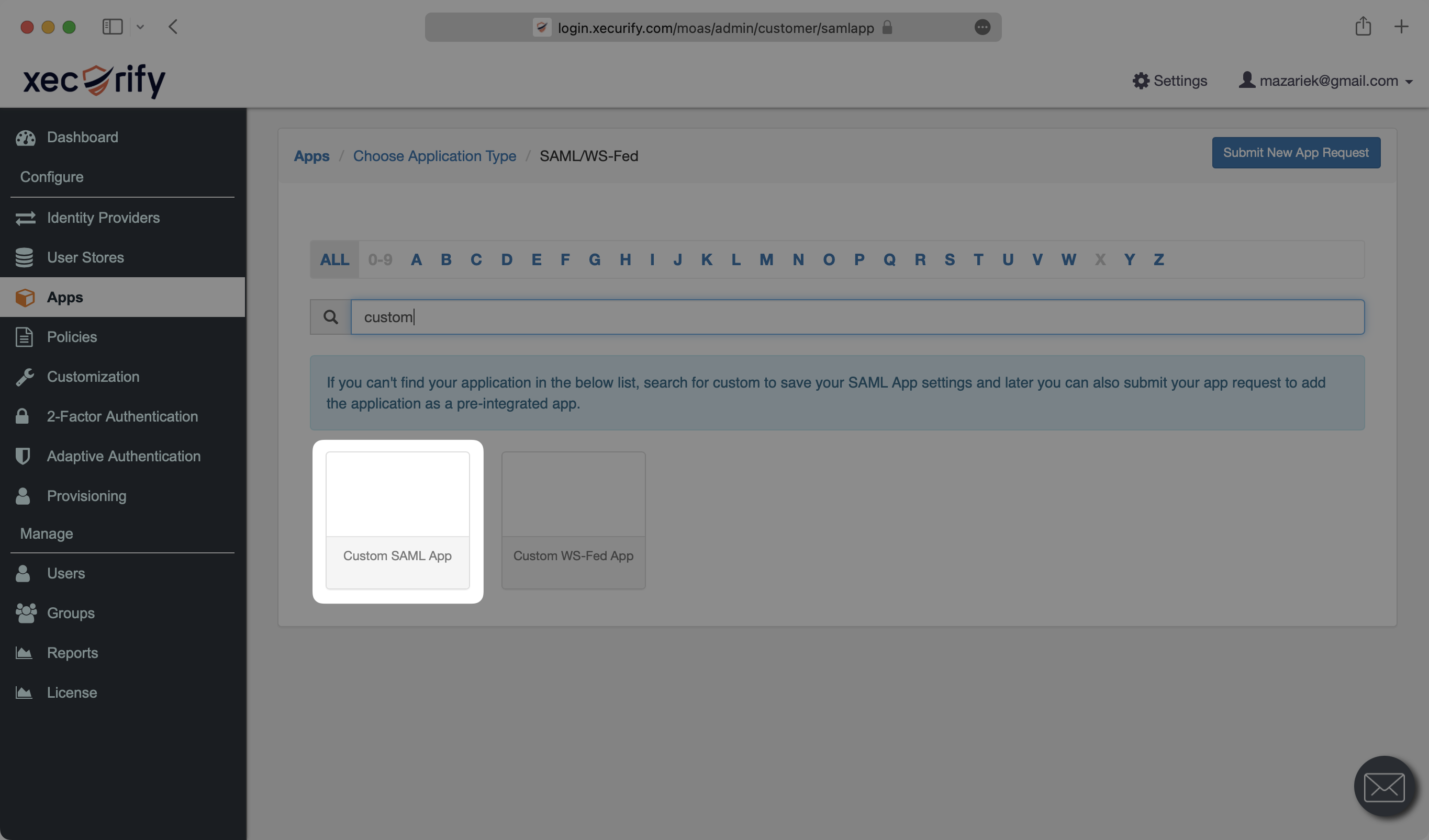 A screenshot showing where to select Custom SAML App in the miniOrange dashboard.