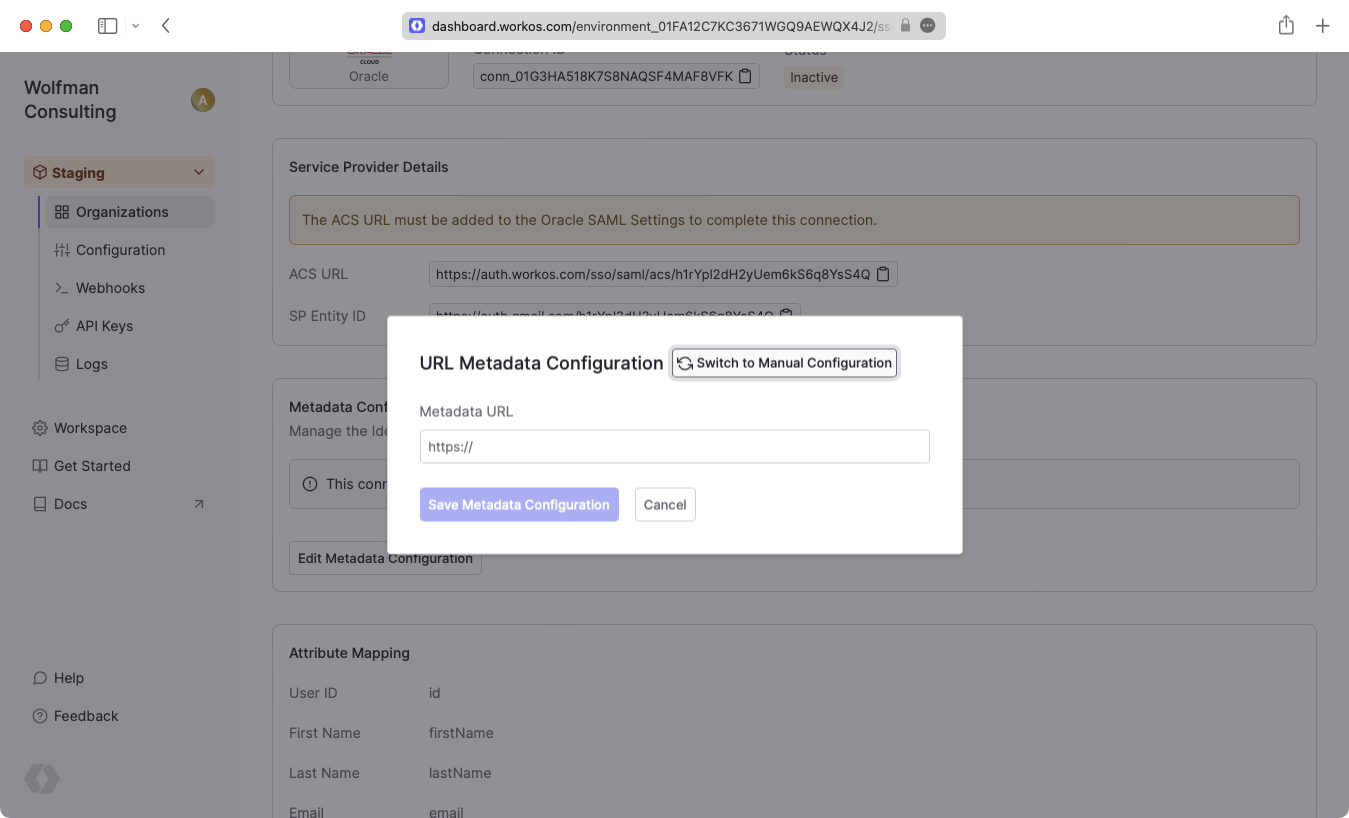 Upload Metadata URL in WorkOS Dashboard