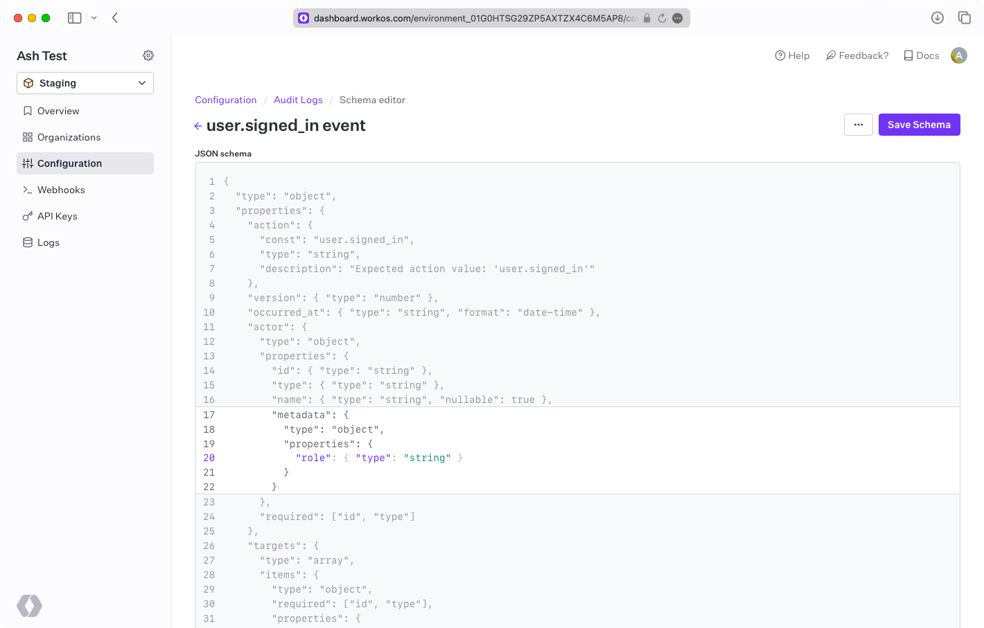 A screenshot showing the schema editor in the WorkOS Dashboard.