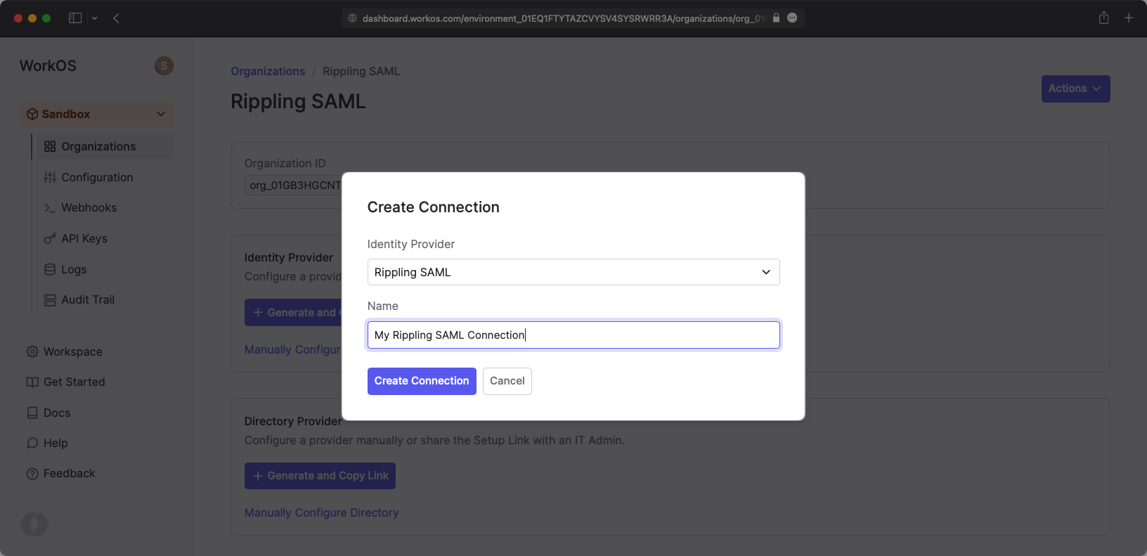 A screenshot showing the "Create Connection" modal with options configured in the WorkOS dashboard.