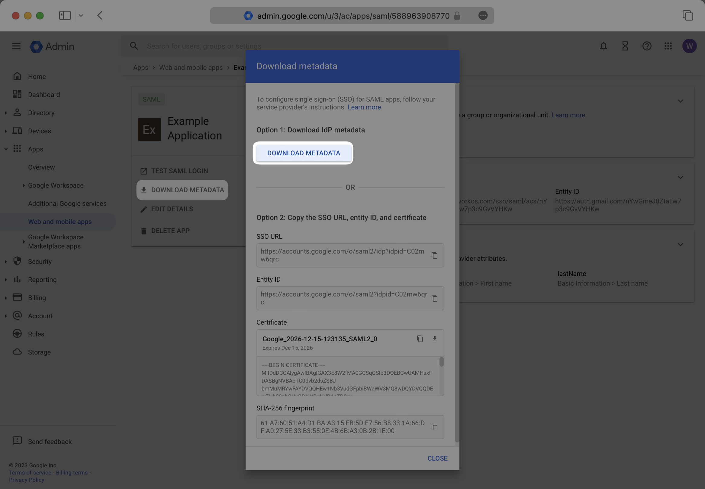 A screenshot showing where to find "Download Metadata" in the Google Dashboard.
