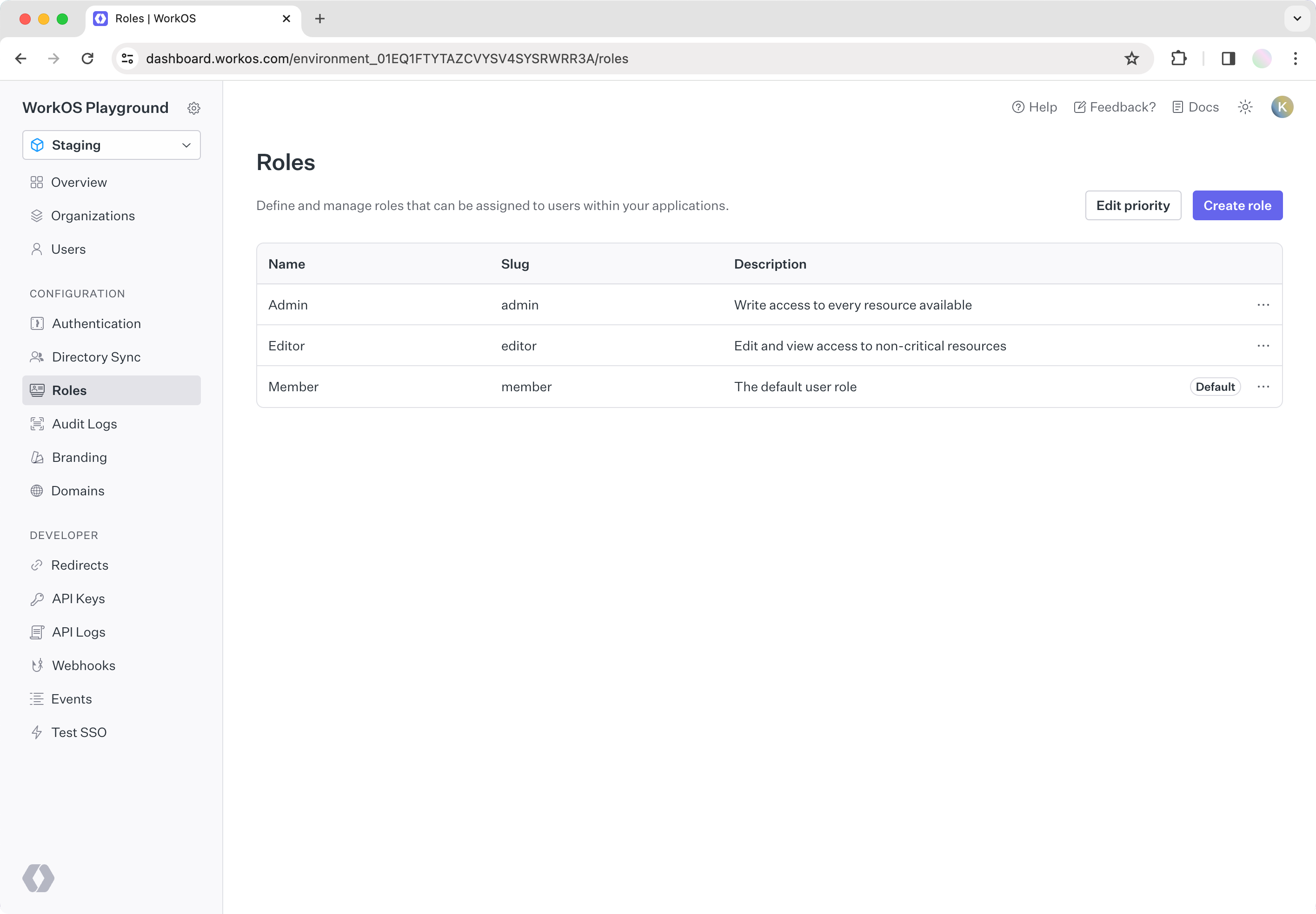 Roles section WorkOS Dashboard