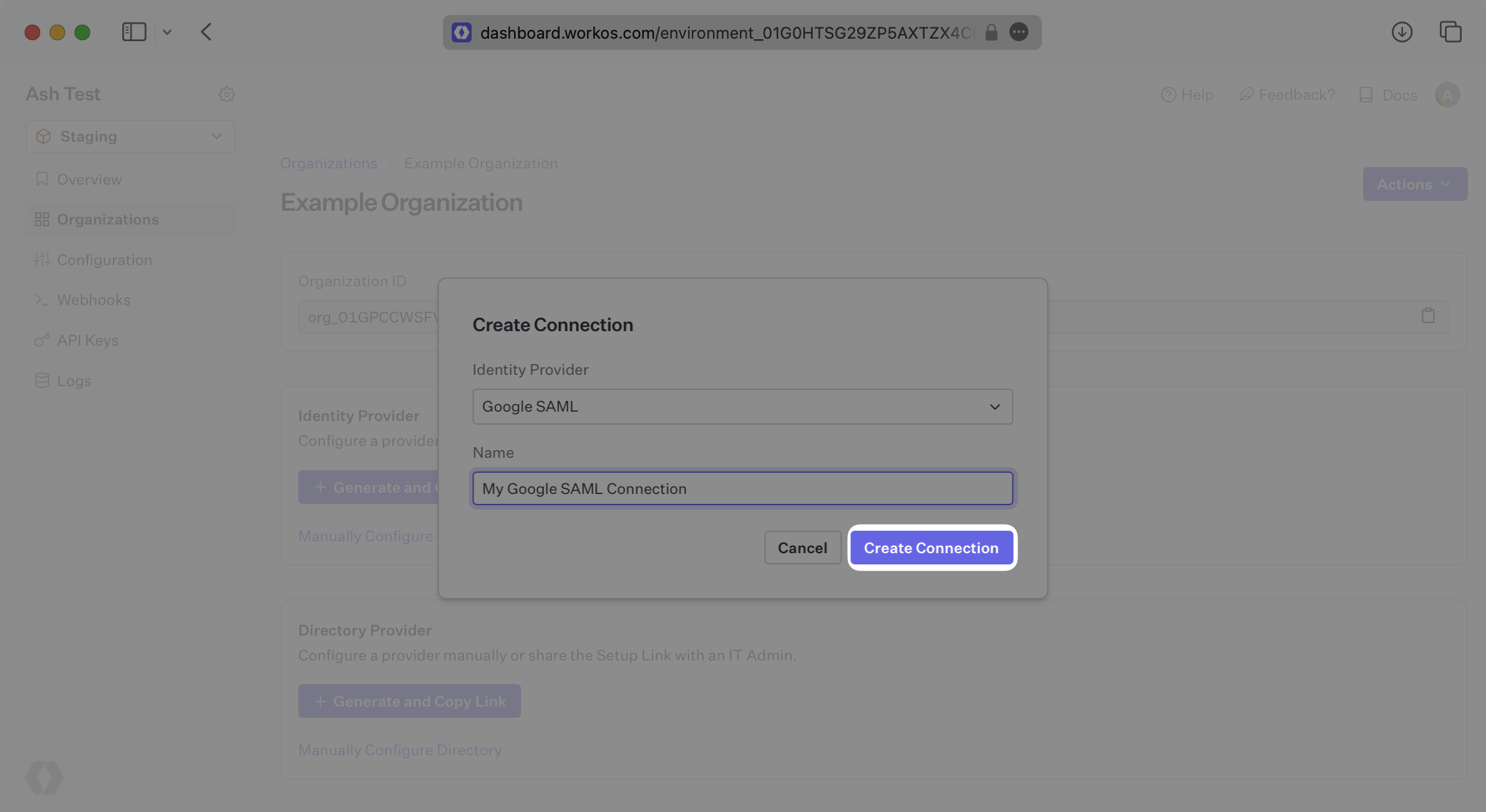 A screenshot showing how to create a connection in the WorkOS Dashboard.