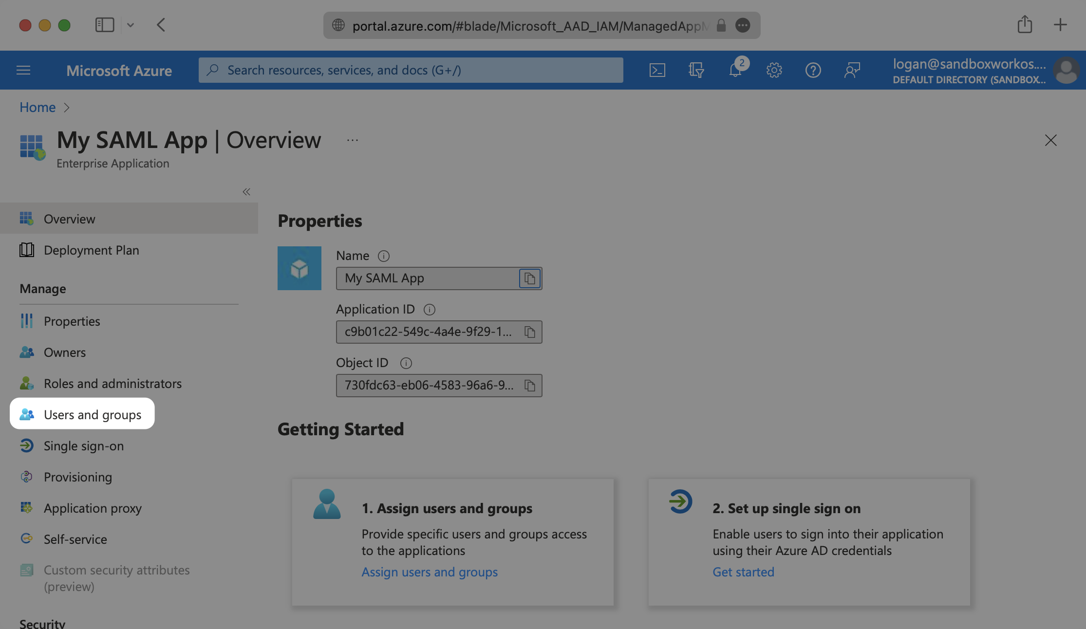 A screenshot showing where to select "Users and groups" in the Azure dashboard.