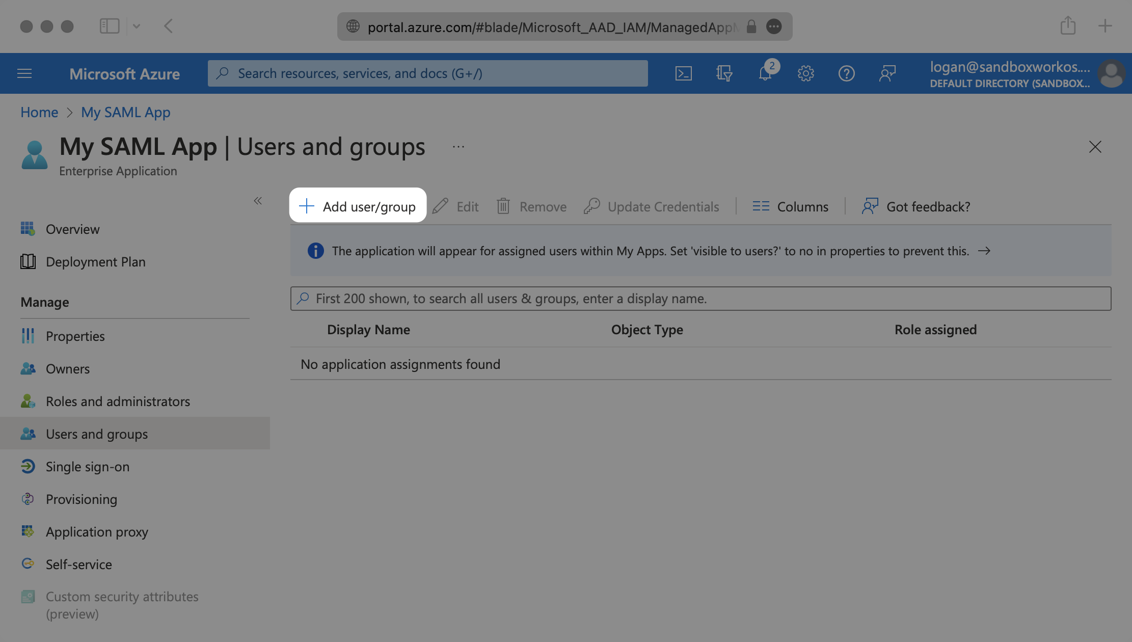A screenshot showing where to select "Add user/group" in the Azure dashboard.