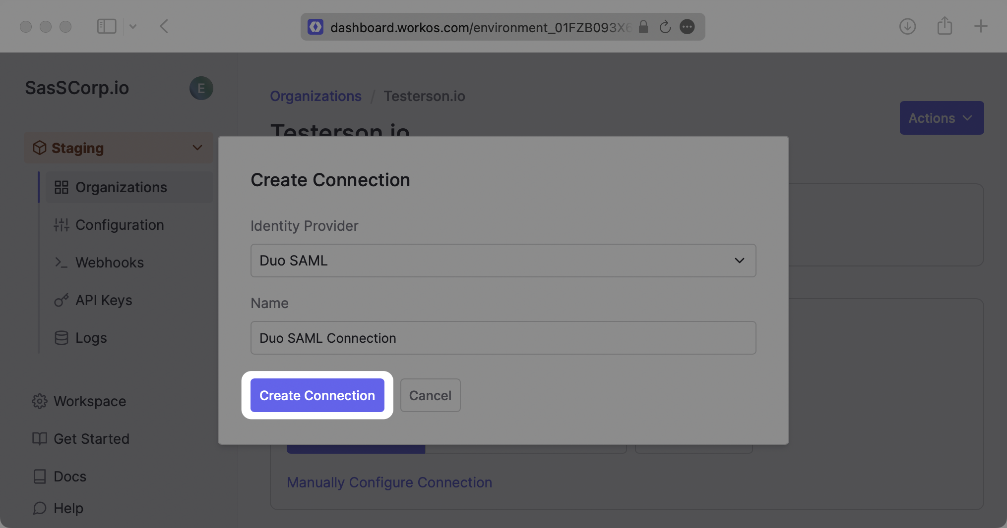 Create Duo Connection in WorkOS Dashboard
