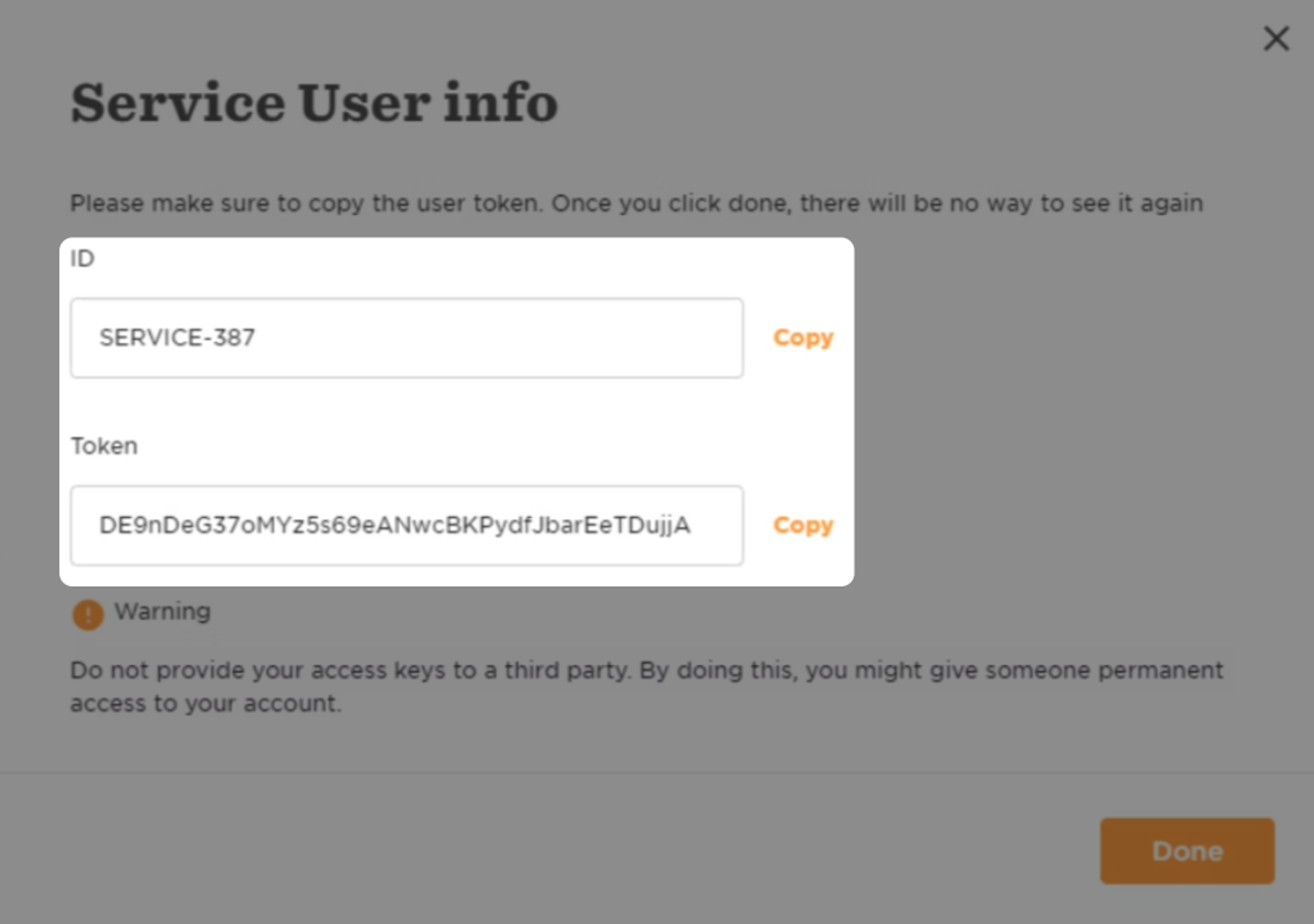 A screenshot highlighting the "ID" and "Token" fields for a Service User in the HiBob dashboard.