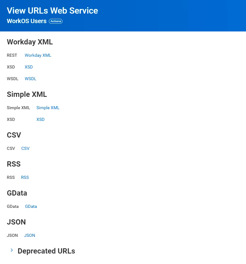 A screenshot showing the View URLs Web Service page in the Workday Dashboard.