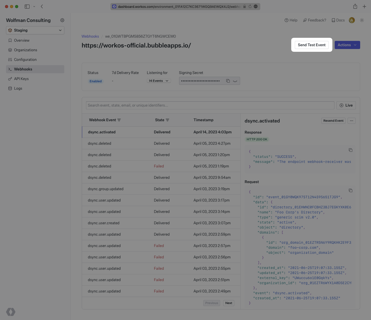 A screenshot showing where to send a test webhook event in the WorkOS dashboard.
