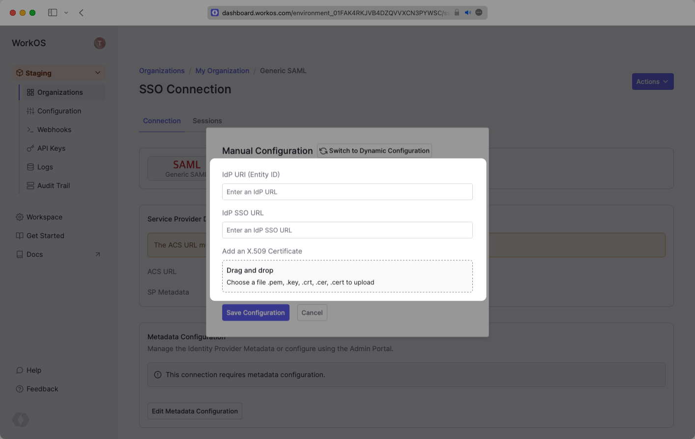 Manually Configure Connection in WorkOS Dashboard