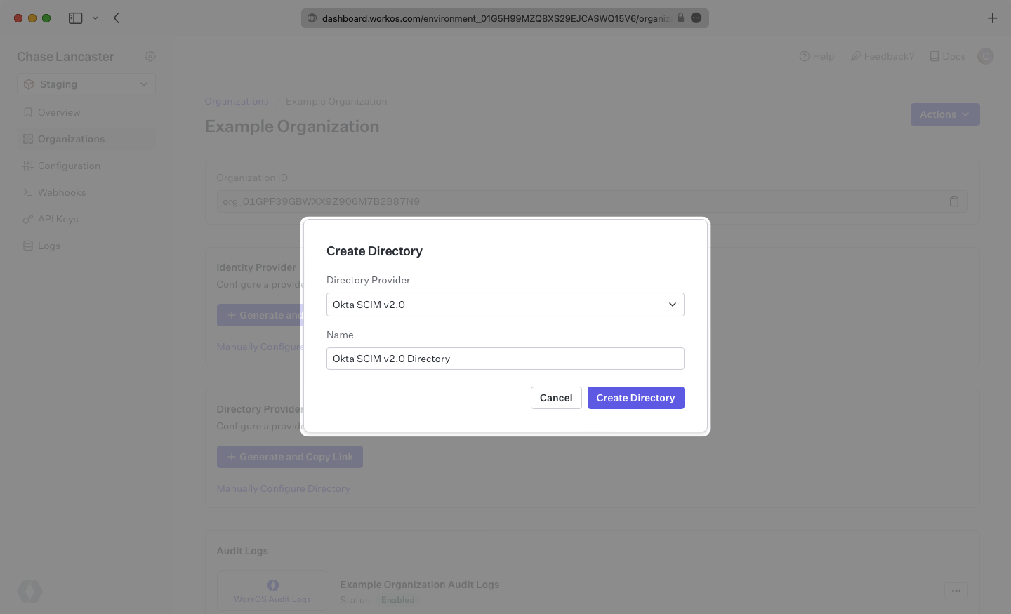 A screenshot showing where to name and create an Okta directory in the WorkOS dashboard.