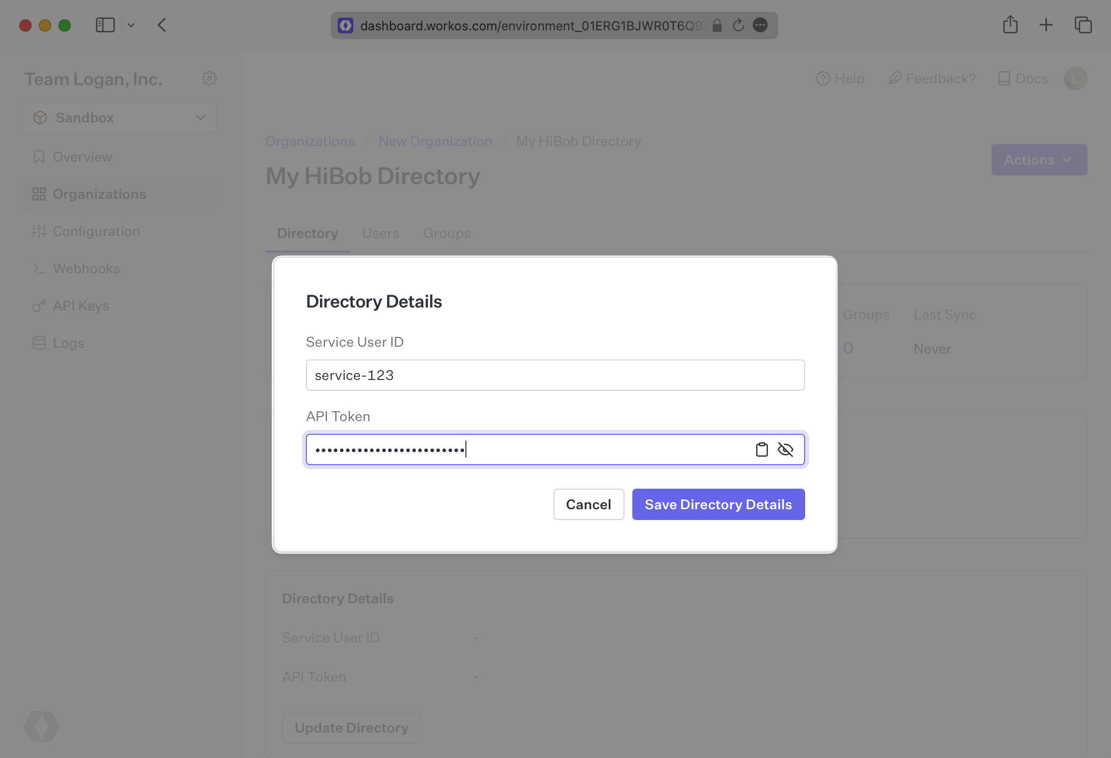 A screenshot highlighting the Directory Details modal of a HiBob directory in the WorkOS Dashboard.