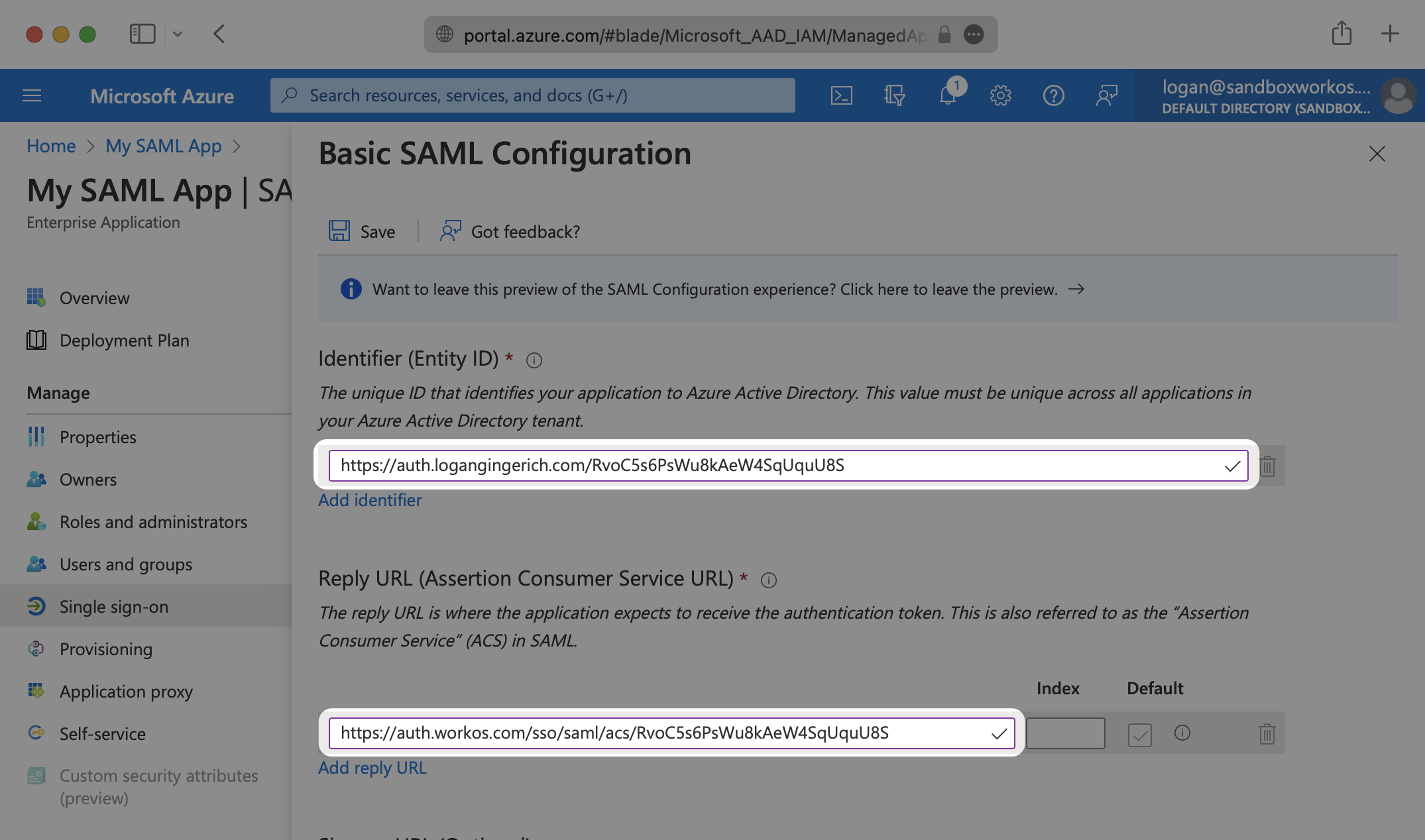 Configure Azure AD SAML App