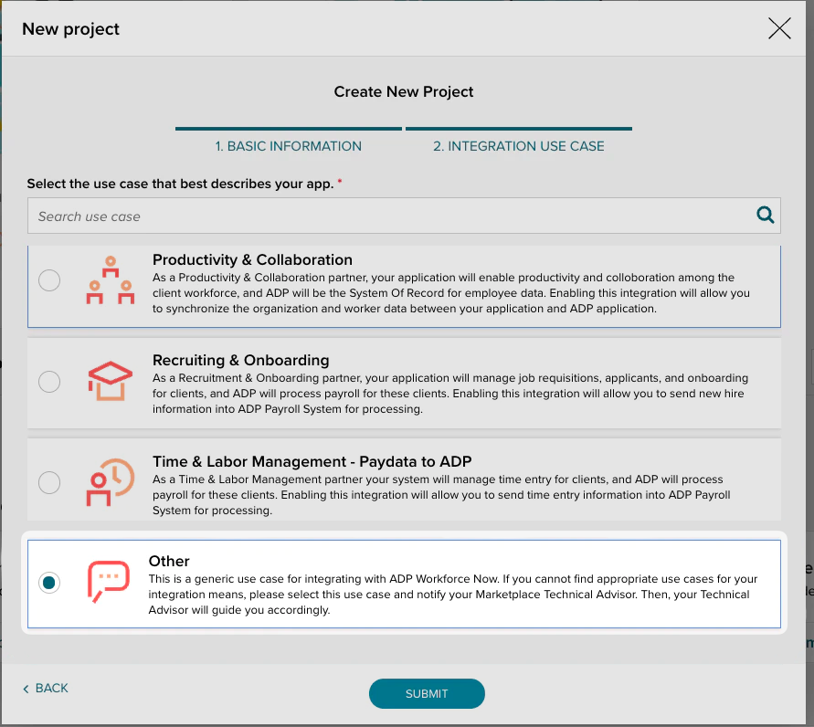 A screenshot showing app description selection options in the ADP Partner Self Service Portal.