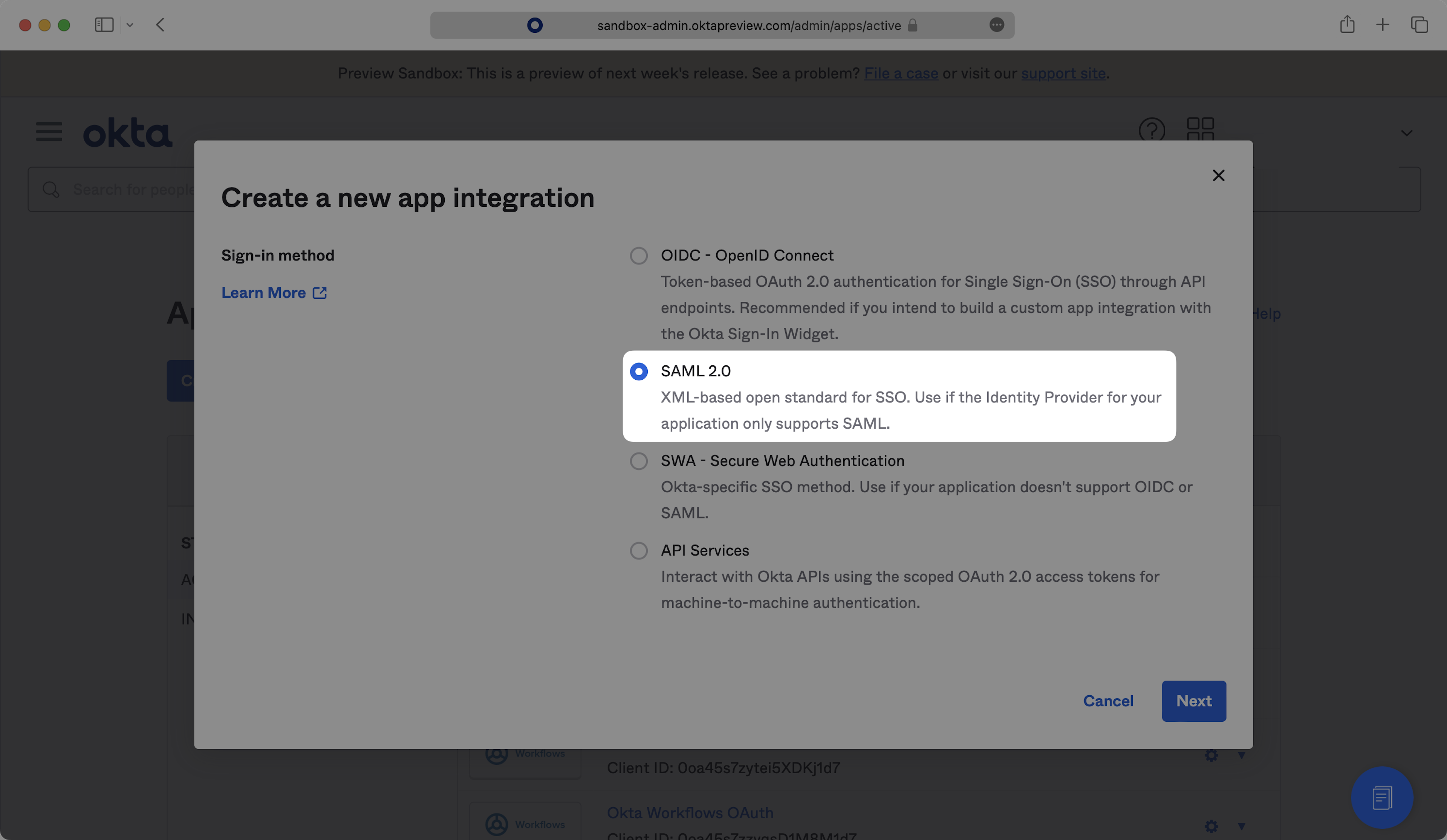 A screenshot showing where to select 'SAML 2.0' in the 'Create a new app integration' portal in the Okta dashboard.