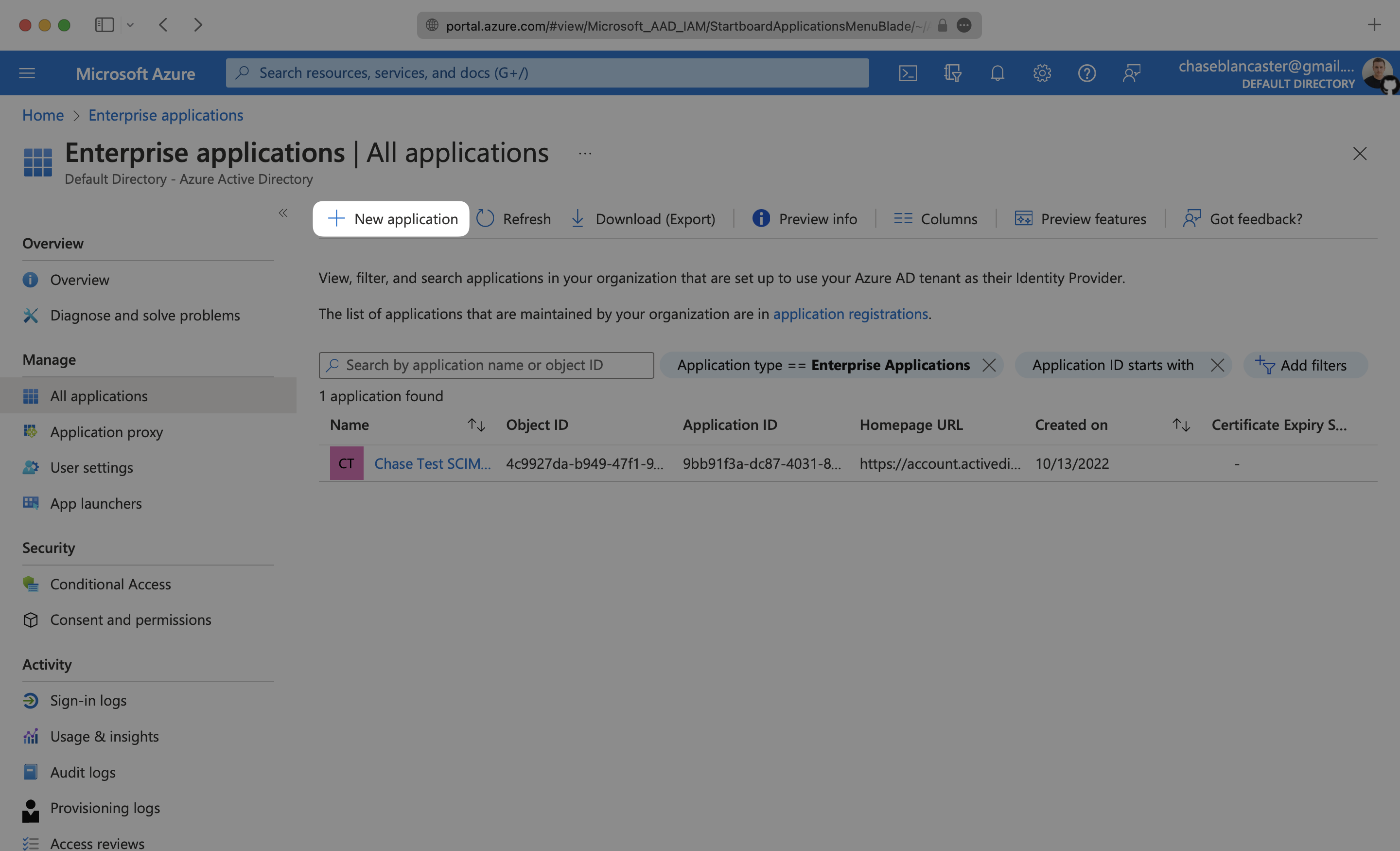 A screenshot showing where to select a new application in the All Applications menu in Azure.